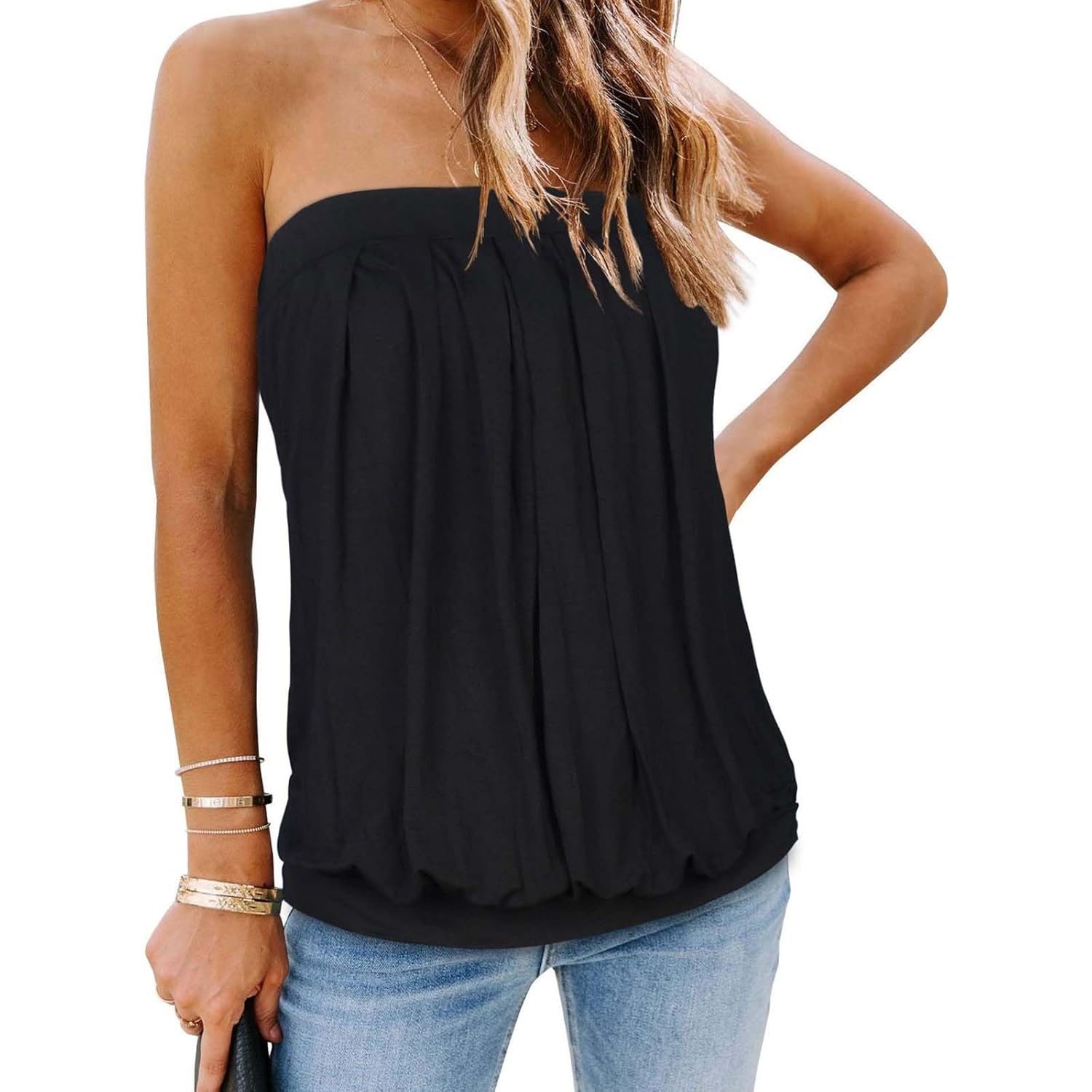 CHICGAL Women's Tube Tops Summer Casual Bandeau Tank Casual Strapless Blouse Off The Shoulder Tunic Shirts