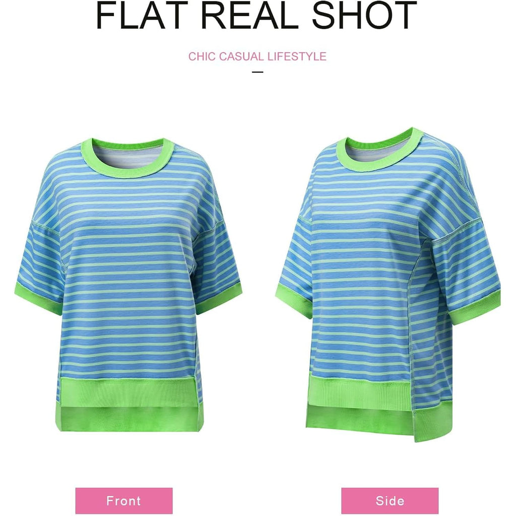 SHEWIN Womens Tops Casual Short Sleeve Sweatshirt Striped Shirt Crewneck Pullover T Shirts Loose Blouses