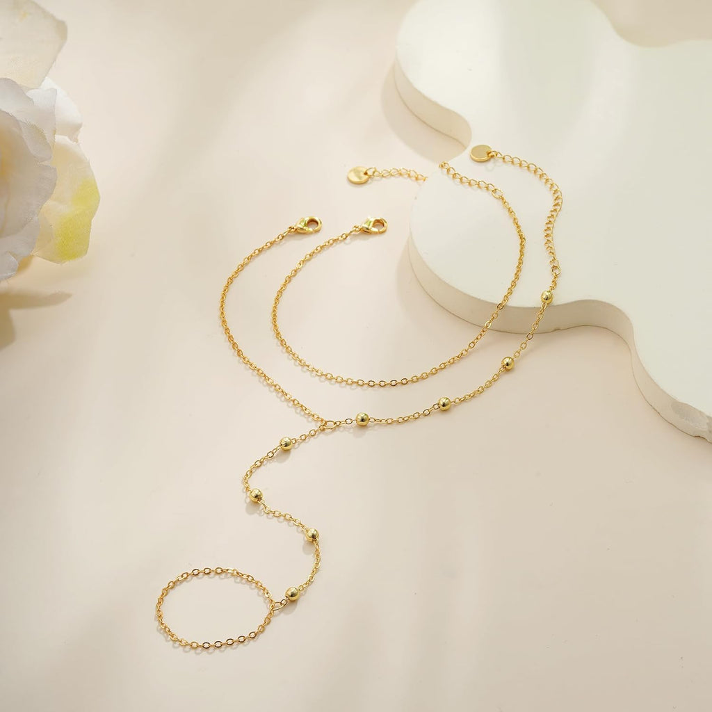 Hand Chain Bracelets for Women - 14K Real Gold Plated Dainty Stackable Paperclip Link Bracelets Hand Chain Bracelet Ring Gold Bracelets for Women Trendy