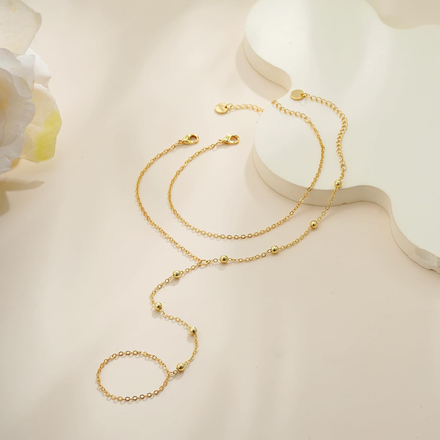 Hand Chain Bracelets for Women - 14K Real Gold Plated Dainty Stackable Paperclip Link Bracelets Hand Chain Bracelet Ring Gold Bracelets for Women Trendy