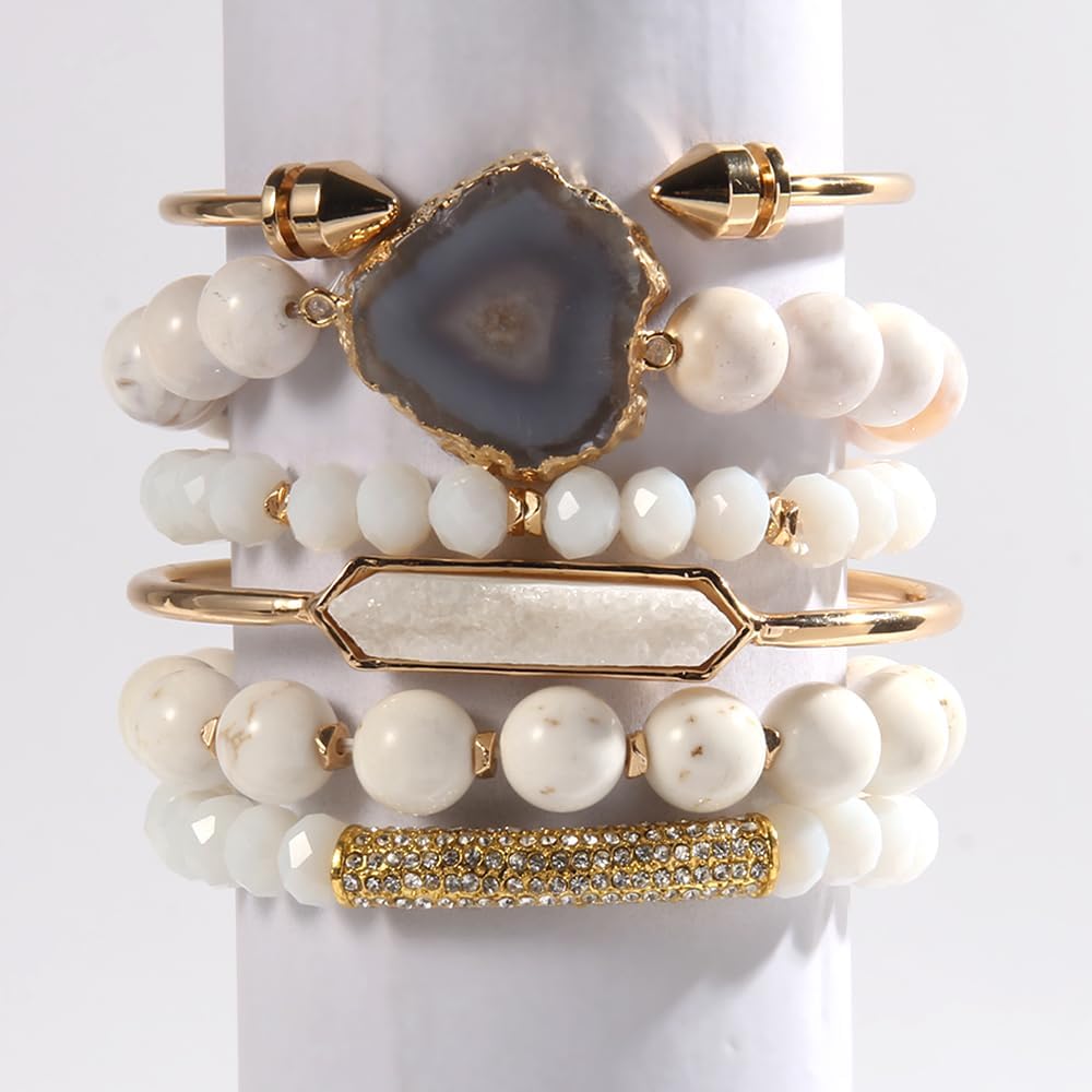 Yomisa 5PCS 6PCS Natural Boho Beaded Bracelets/Bangle for Women Men,Healing Turquoise Jasper Agate Crystal Gemstone Stone Chakra Multilayer Wrap Bohemian Handmade Jewelry Beads Stretch Bracelet Set
