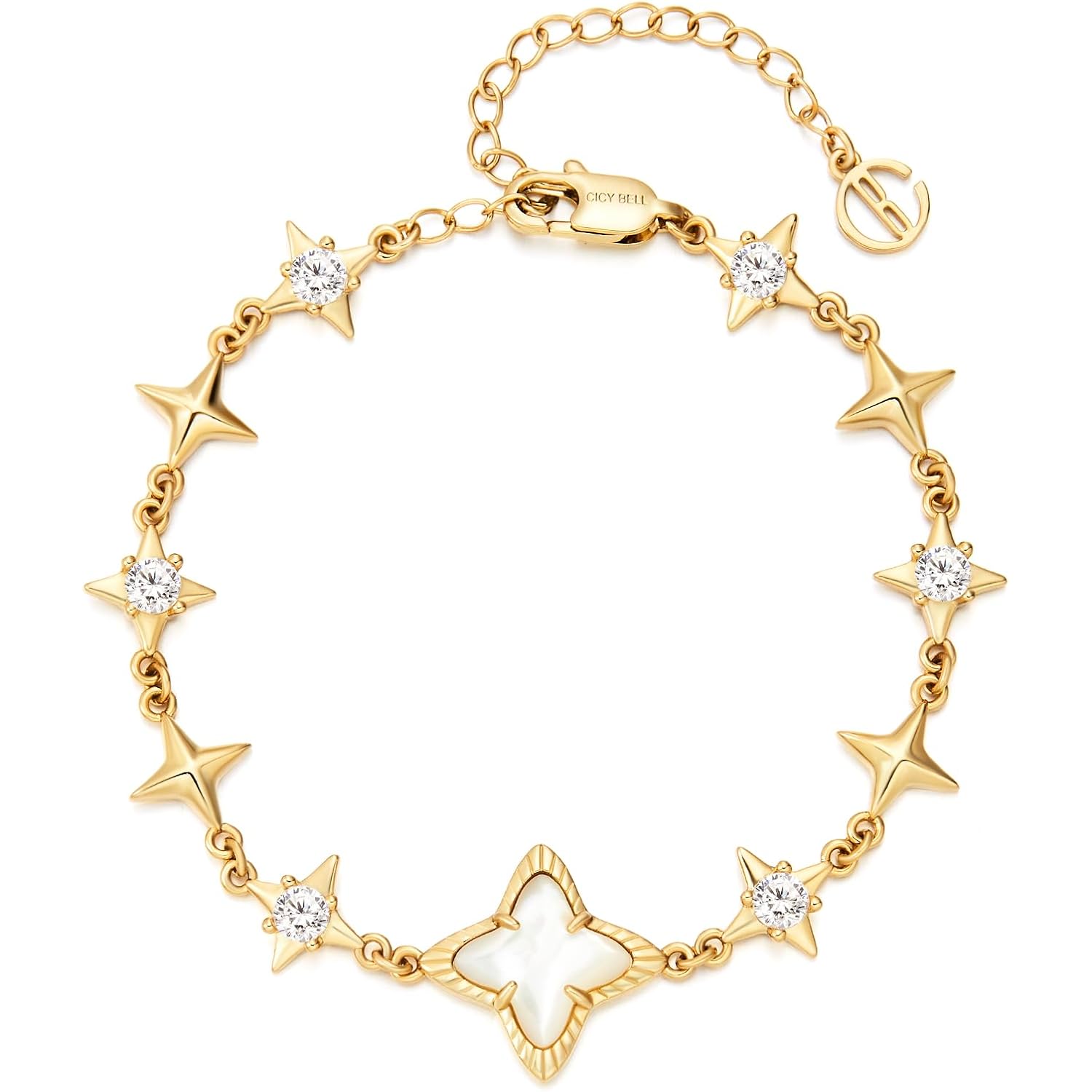 Cicy Bell Womens 18k Gold Plated White Shell Cubic Zirconia Square Cross Adjustable Chain Link Bracelets 6.69" with 2" Extender