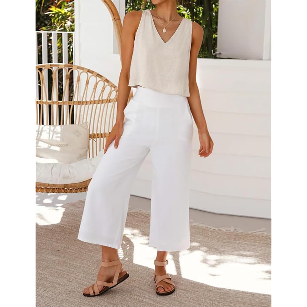 IDEALSANXUN Womens V Neck Cropped Linen Tank Tops Spring Summer Sleeveless Shirts