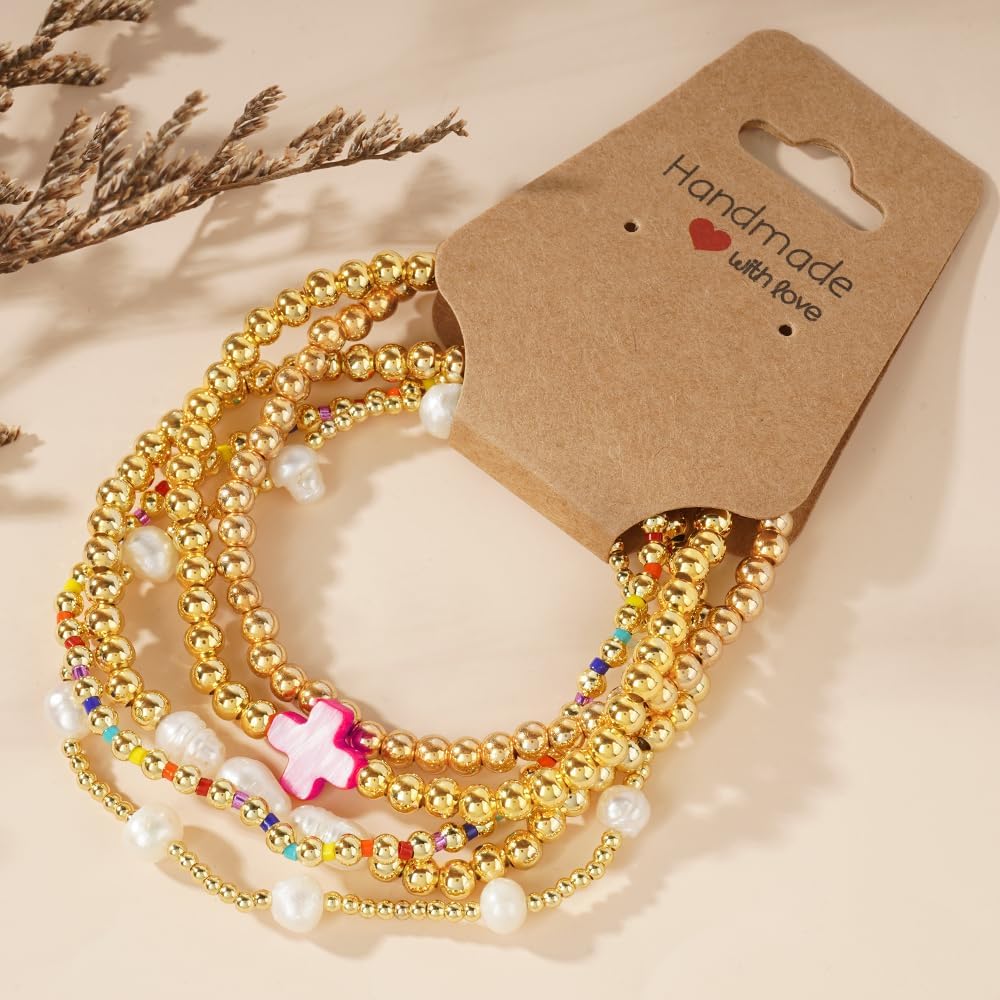14K Gold Pearl Beaded Cross Bracelets Stack Set for Women,Stretch Boho Colorful Christian Beads Ball Jewelry Friendship Summer Trendy Gift