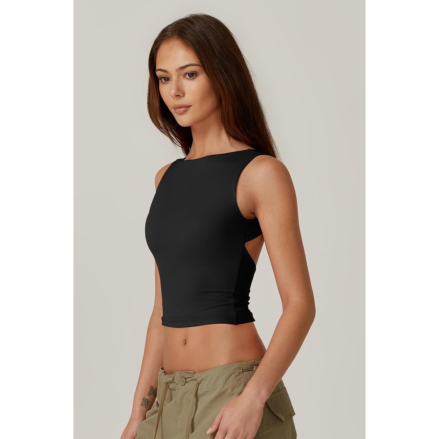 QINSEN Women's Sexy Open Back Sleeveless Crop Tank High Neck Slim Fit Cropped Tee Shirt Y2k Tops