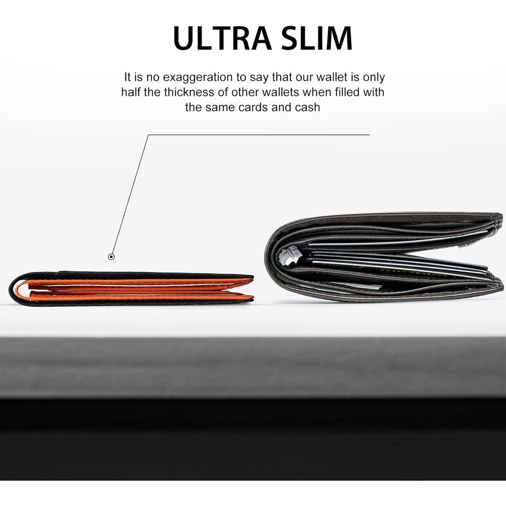 GSOIAX Mens Slim Wallet for Men Minimalist Genuine Leather Carbon Fiber Rfid Blocking Bifold Credit Card Holder With Gift Box (Carbon Black and Orange)