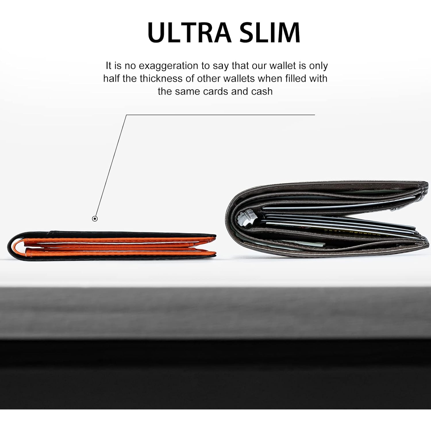 GSOIAX Mens Slim Wallet for Men Minimalist Genuine Leather Carbon Fiber Rfid Blocking Bifold Credit Card Holder With Gift Box (Carbon Black and Orange)