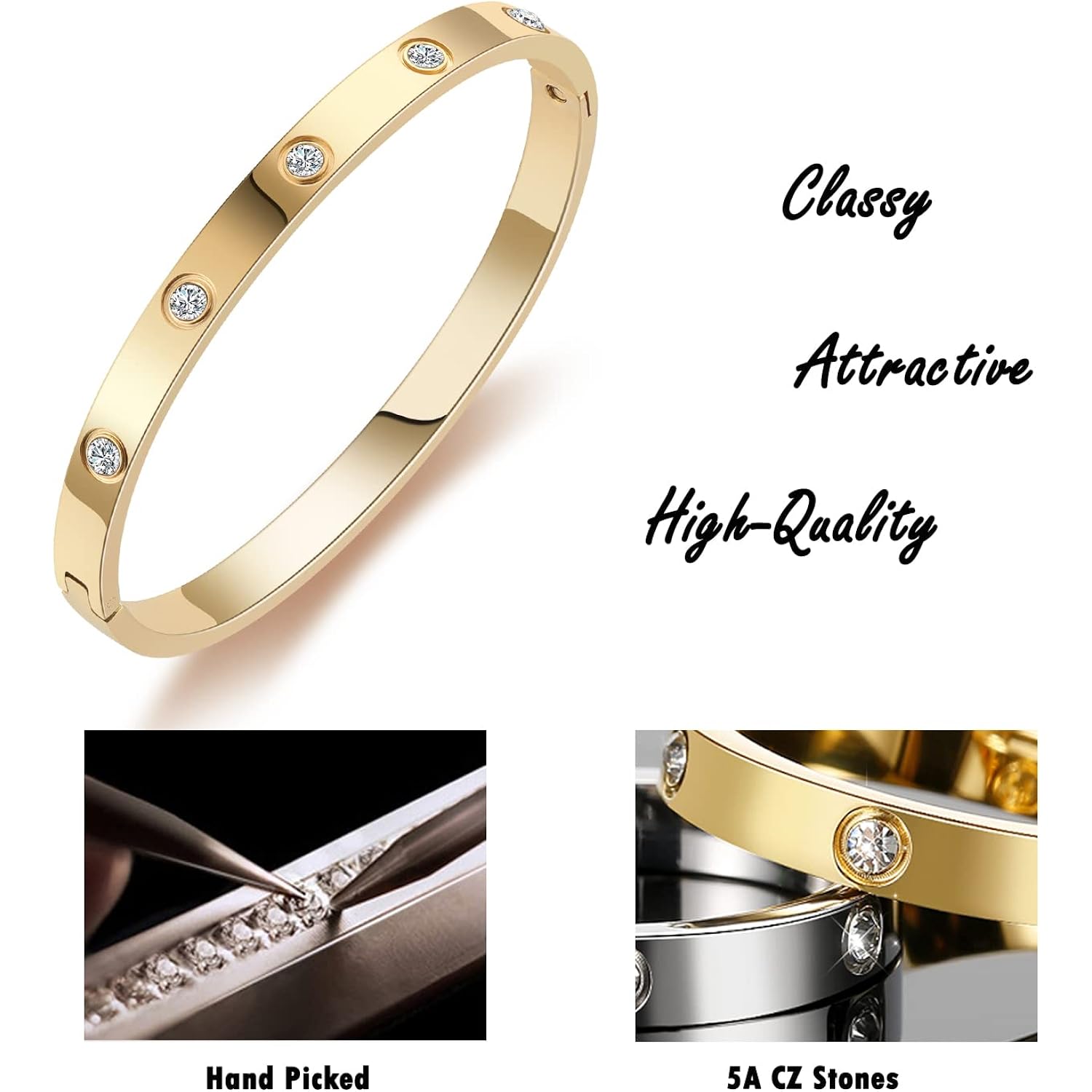 Gold Bracelets for Women Friendship Love Bangle Bracelets Cubic Zirconia Stainless Steel Bracelet Jewelry Birthday Gifts for Women Stocking Stuffers