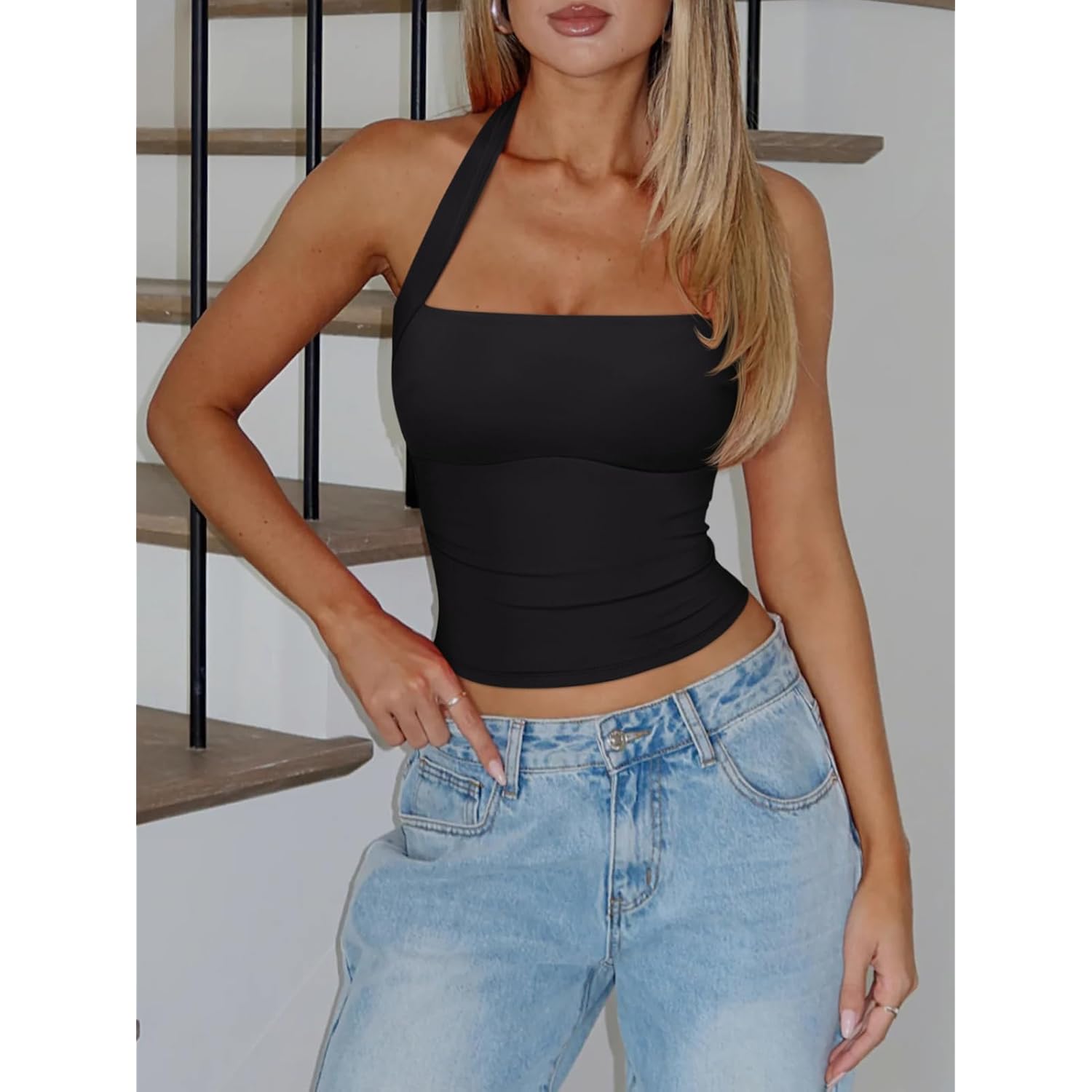REORIA Women's Halter Going Out Tops 2025 Summer Y2K Shirts Sleeveless Sexy Crop Tank Top Y2k Outfits