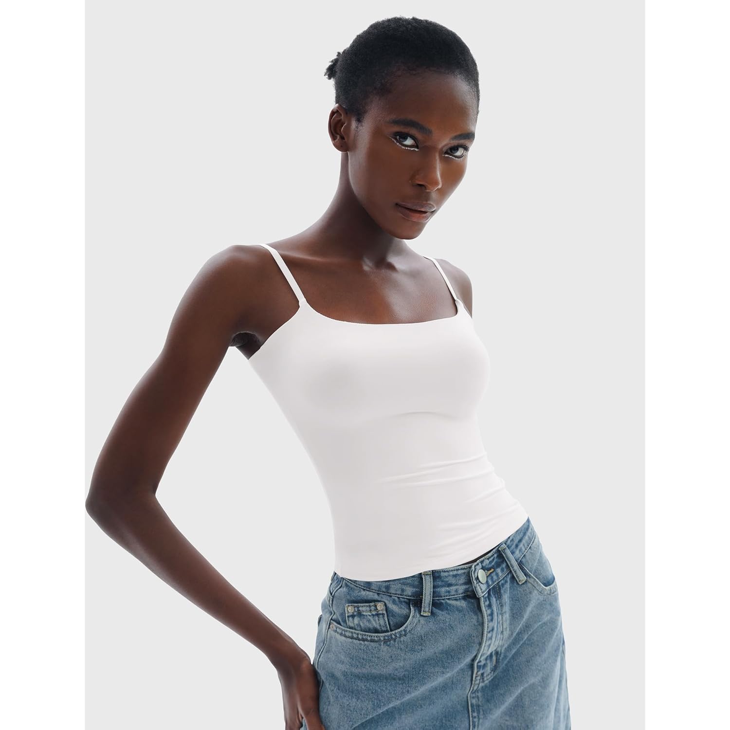 PUMIEY Women's Square Neck Tank Top Adjustable Spaghetti Straps Sleeveless Basic Tops Sharp Collection
