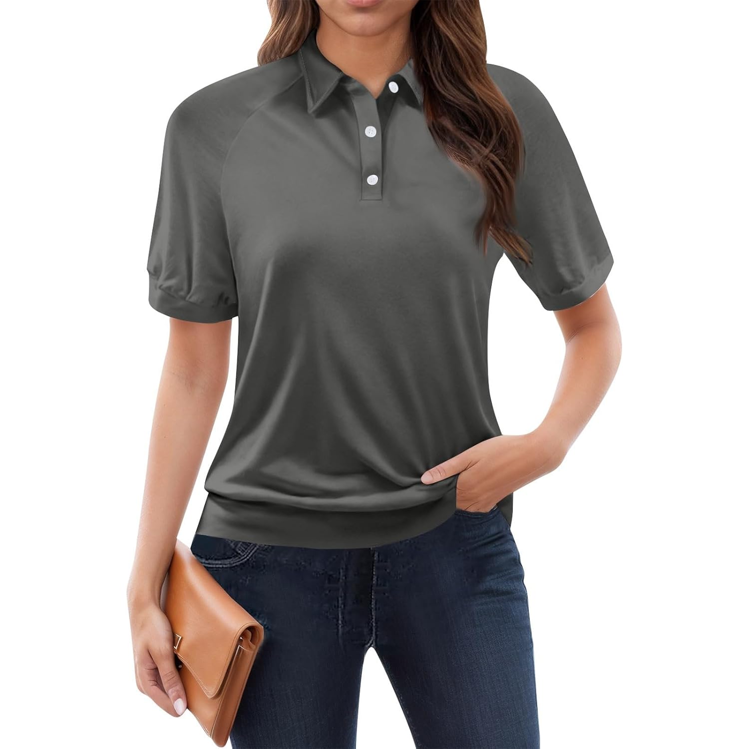 UOFOCO Womens Short Sleeve Lapel Collar Solid Color Polo Shirts Summer Work Business Office Casual Tops Outifits
