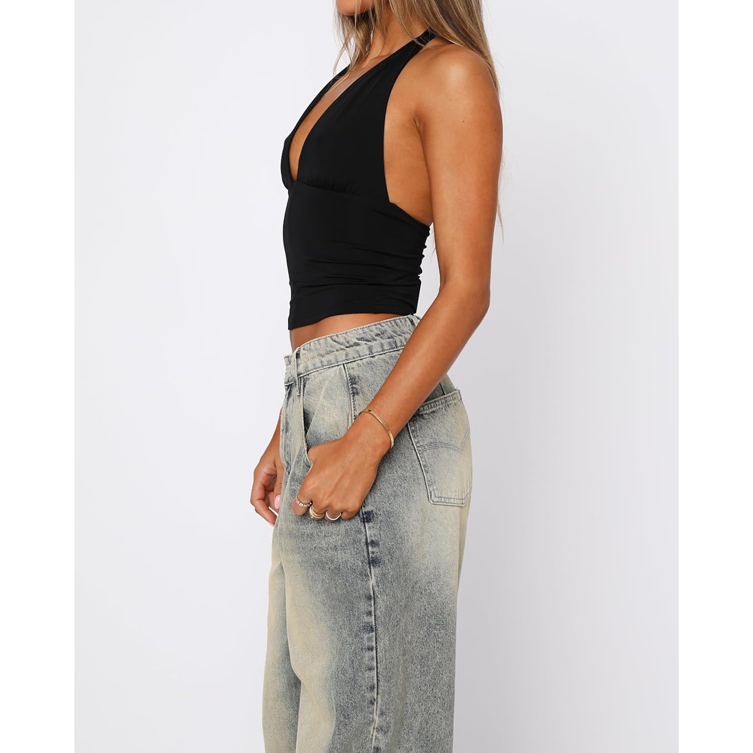 ForeFair Women Sexy Halter Deep V Neck Backless Crop Tank Top Open Back Sleeveless Slim Fit Y2k Summer Tops