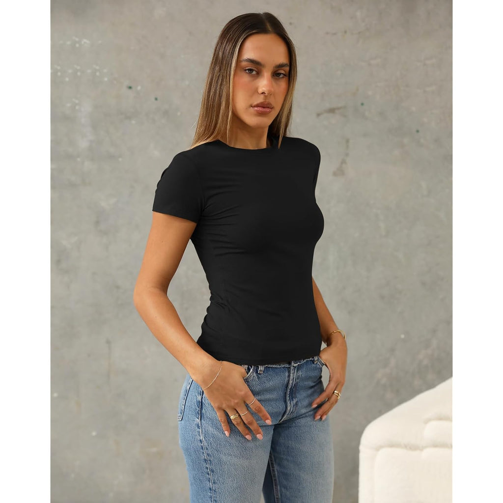 Abardsion Women's Casual Basic Going Out Crop Tops Slim Fit Short Sleeve Crew Neck Tight T Shirts 2025