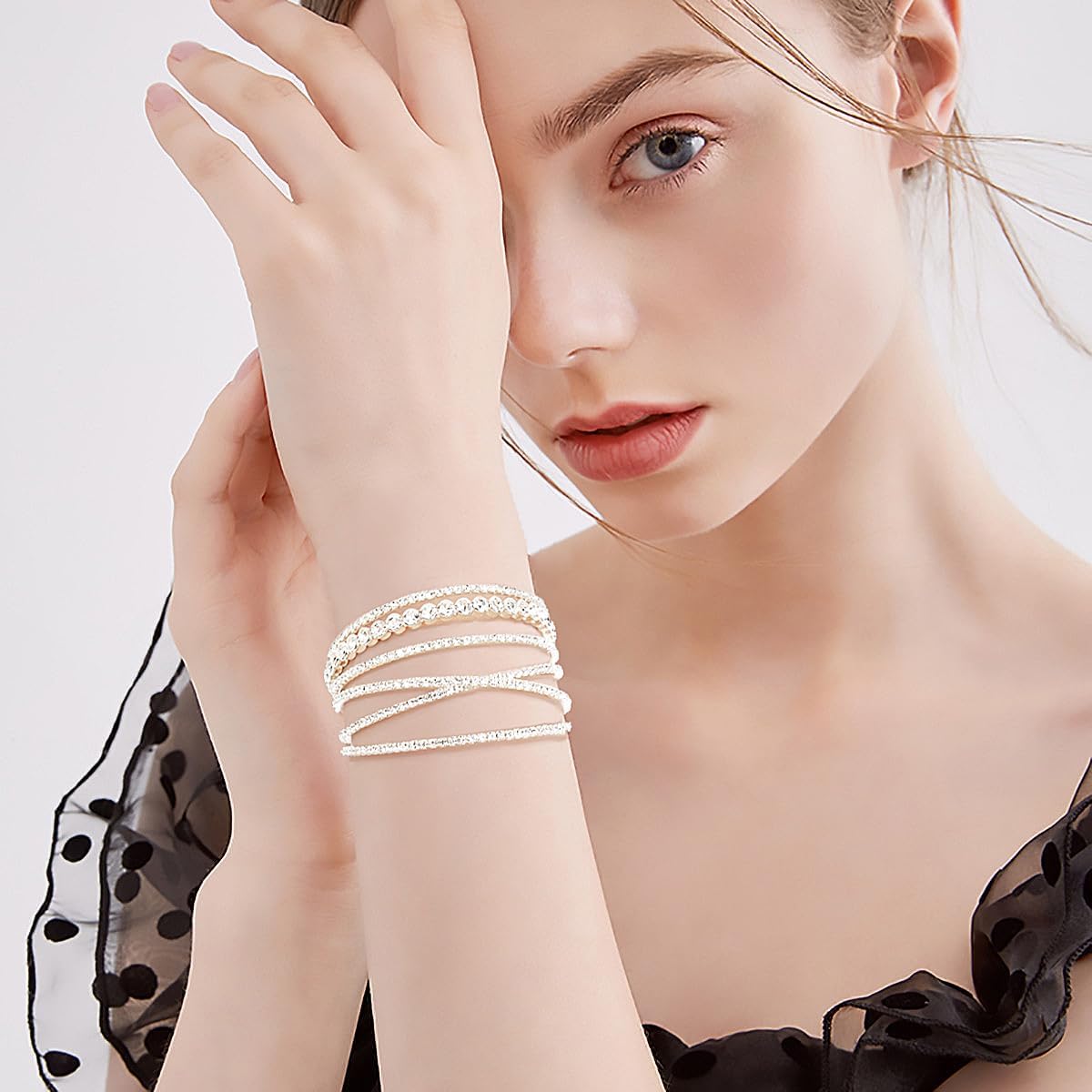 Suyi Rhinestone Bracelet for Women Silver Multilayer Cuff Bracelet Craystal Braidal Bracelets