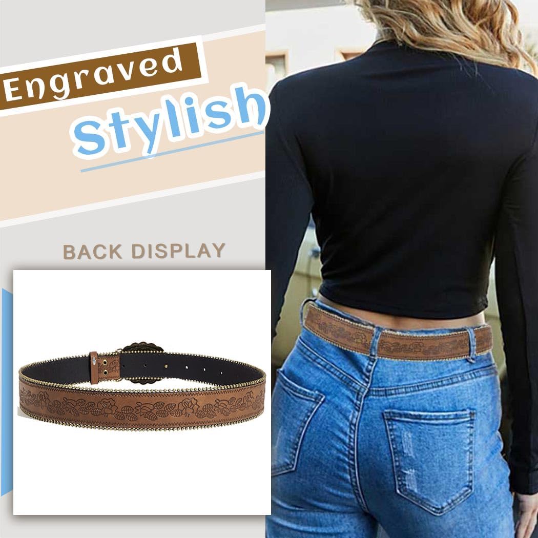 Yalice Brown Western Belt for Women Cowgirls Leather Belts for Jeans Pant Men Cowboys Country Belt with Vintage Buckle