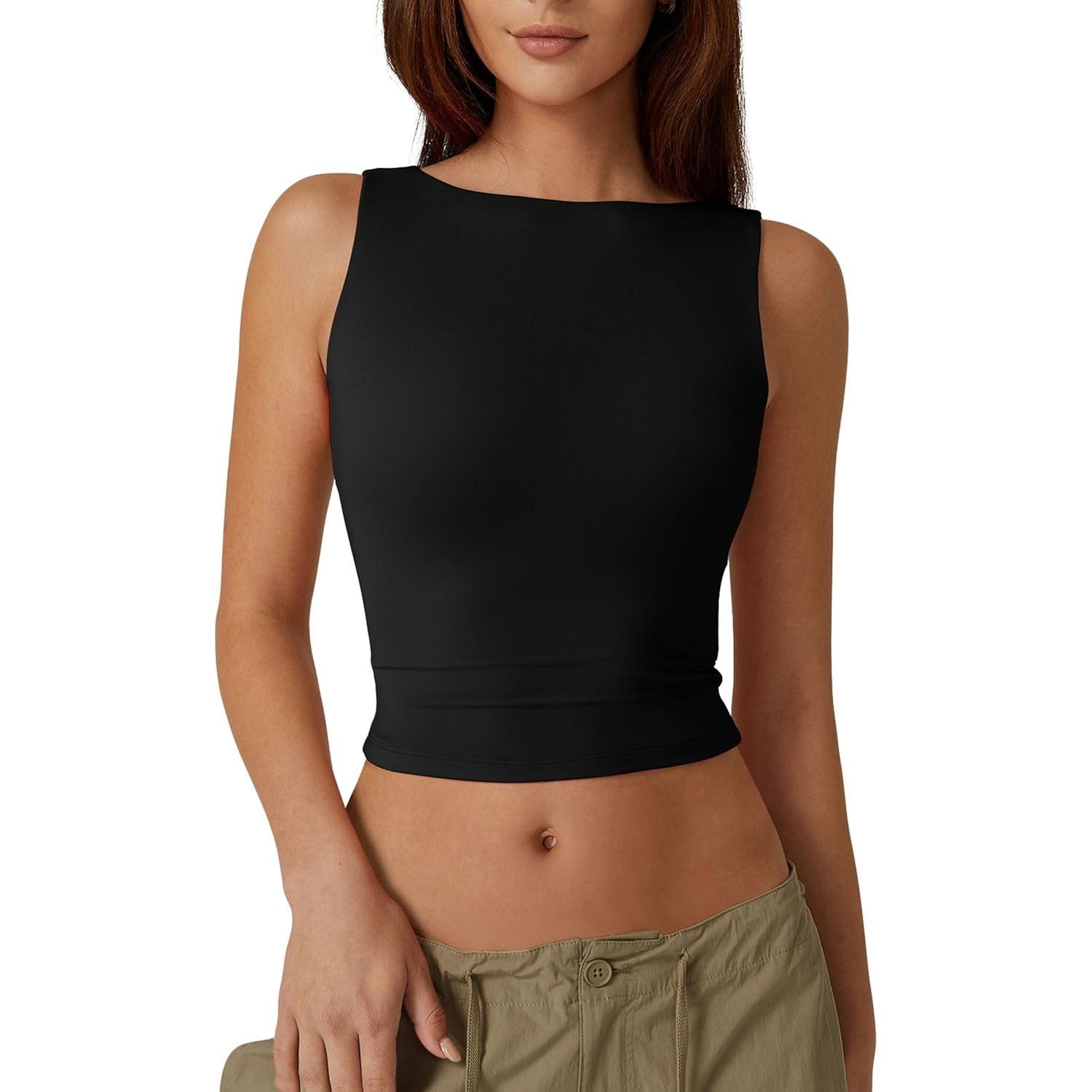 QINSEN Women's Sexy Open Back Sleeveless Crop Tank High Neck Slim Fit Cropped Tee Shirt Y2k Tops