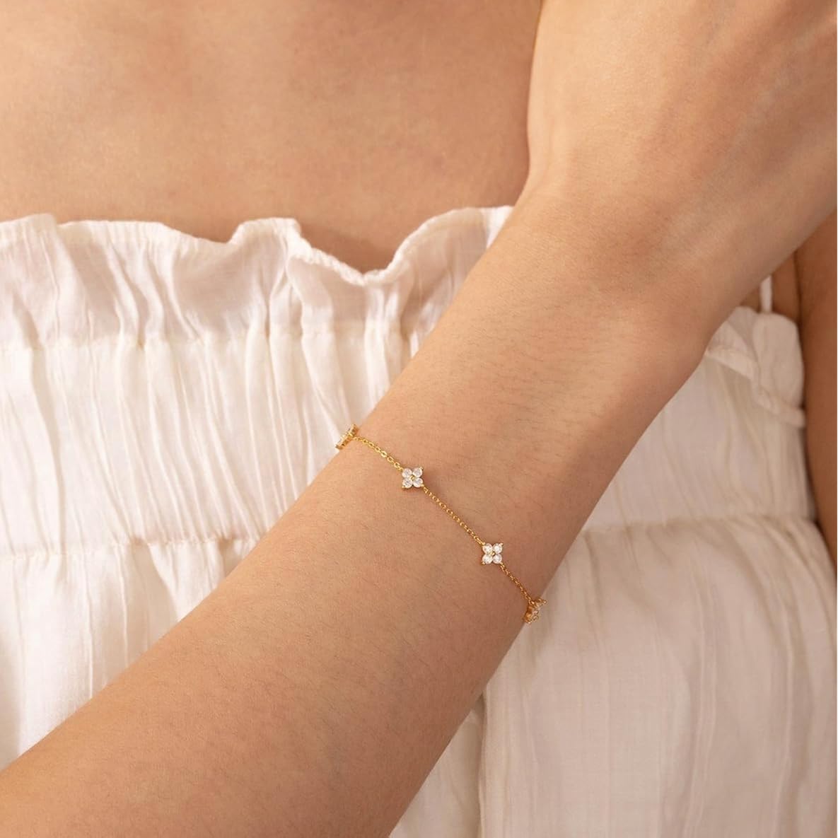 Bracelets for Women 14K Gold Silver Plated Ring Bracelet Hand Chain Dainty Evil Eye Heart Clover Daisy Cubic Zirconia Stackable Link Chain Hypoallergenic Body Jewelry Cute Trendy Gifts