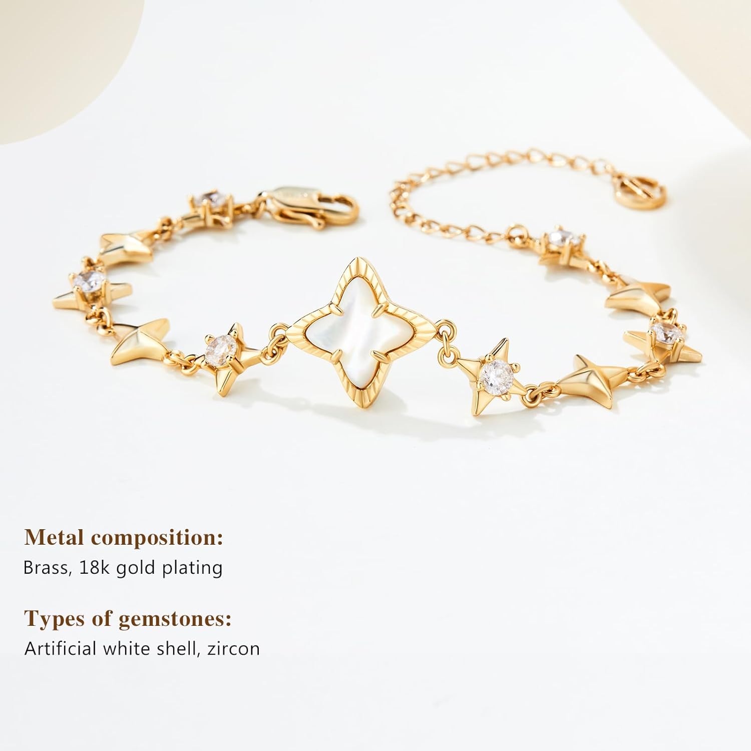 Cicy Bell Womens 18k Gold Plated White Shell Cubic Zirconia Square Cross Adjustable Chain Link Bracelets 6.69" with 2" Extender