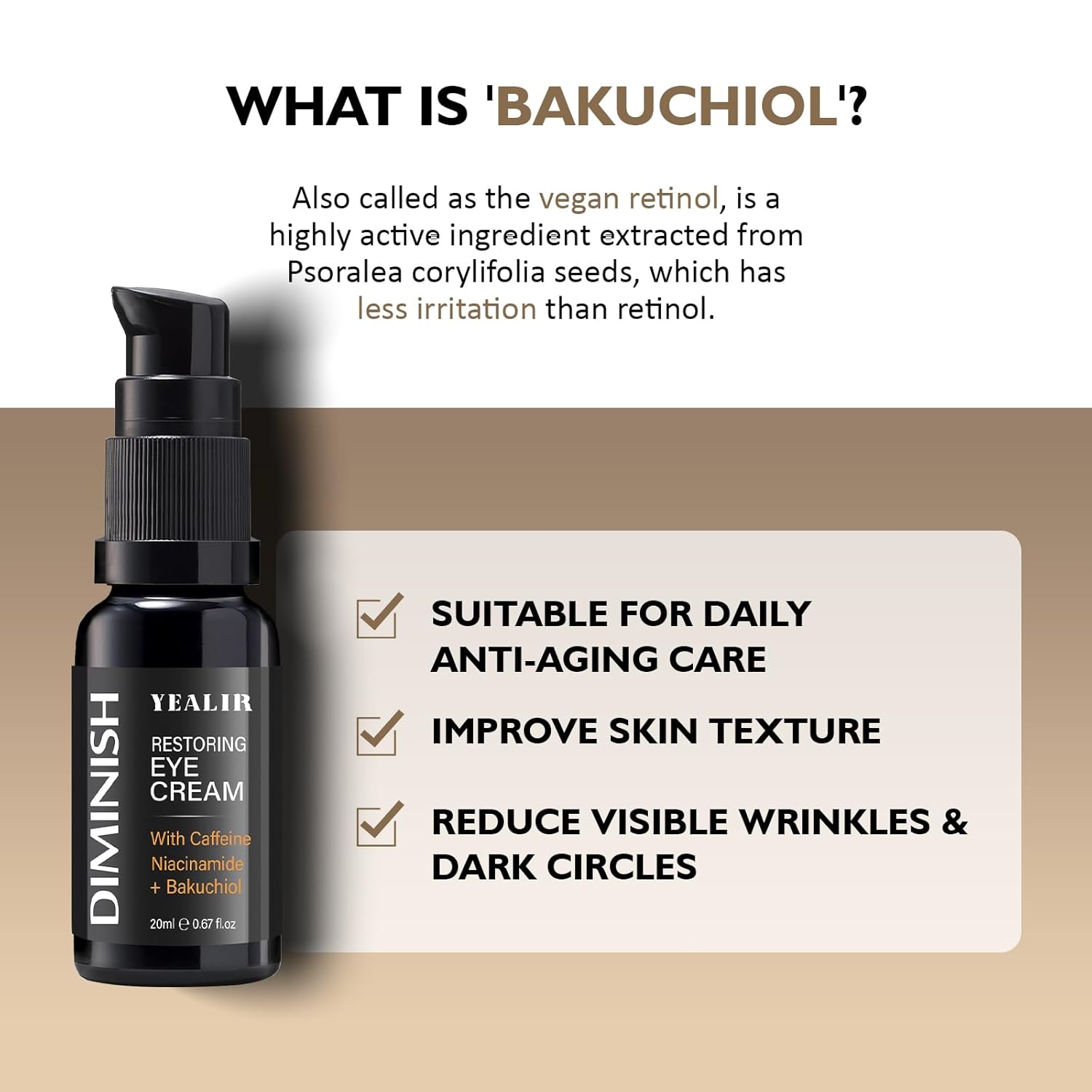 Mens Under Eye Cream for Eye Bags, Puffiness & Dark Circles with Caffeine, Bakuchiol & Niacinamide, Firms and Smooths Fine Lines, Eye Tightening, 0.67 fl oz