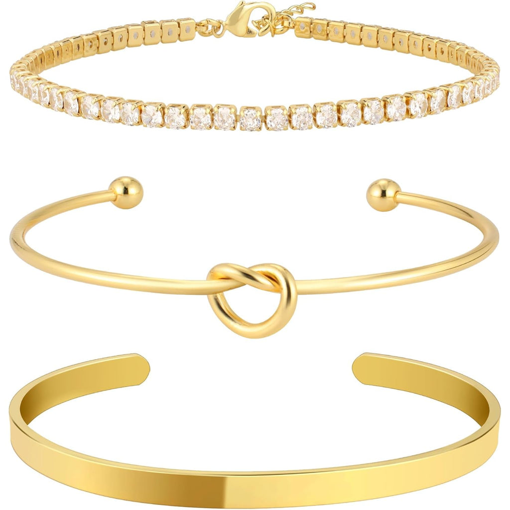 Gold Bangle Cuff Knot Bracelet for Women Stack Non Tarnish 14k Gold Plated Dainty Cubic Zirconia Tennis Bracelets Jewelry Set for Women Trendy