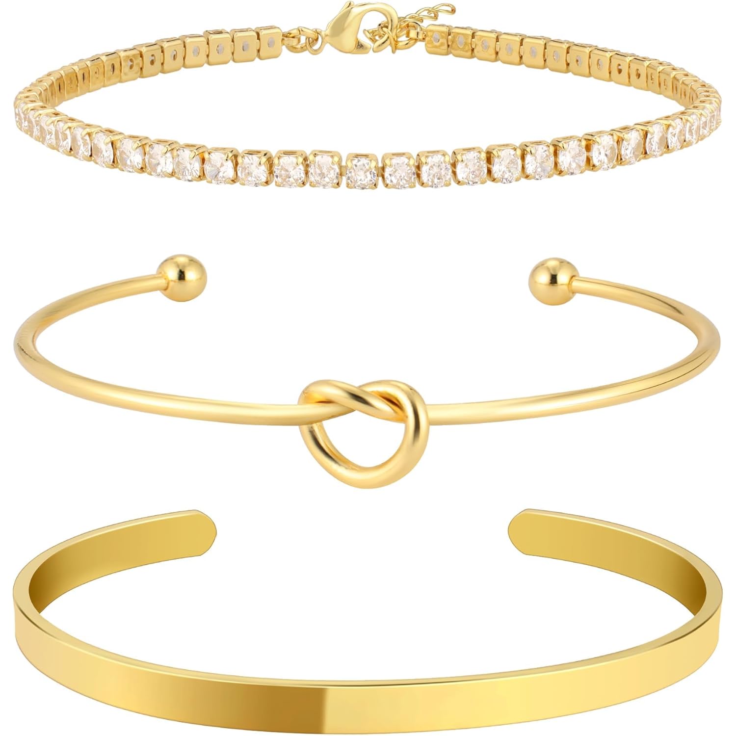 Gold Bangle Cuff Knot Bracelet for Women Stack Non Tarnish 14k Gold Plated Dainty Cubic Zirconia Tennis Bracelets Jewelry Set for Women Trendy