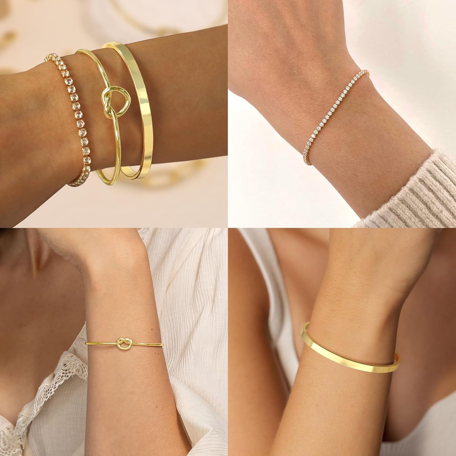 Gold Bangle Cuff Knot Bracelet for Women Stack Non Tarnish 14k Gold Plated Dainty Cubic Zirconia Tennis Bracelets Jewelry Set for Women Trendy