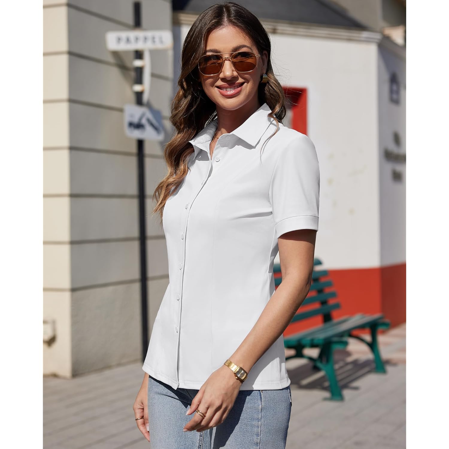 siliteelon Women's Button Down Shirts Slim fit Short Sleeve Stretch Dress Shirts Wrinkle-Free Solid Work Blouse
