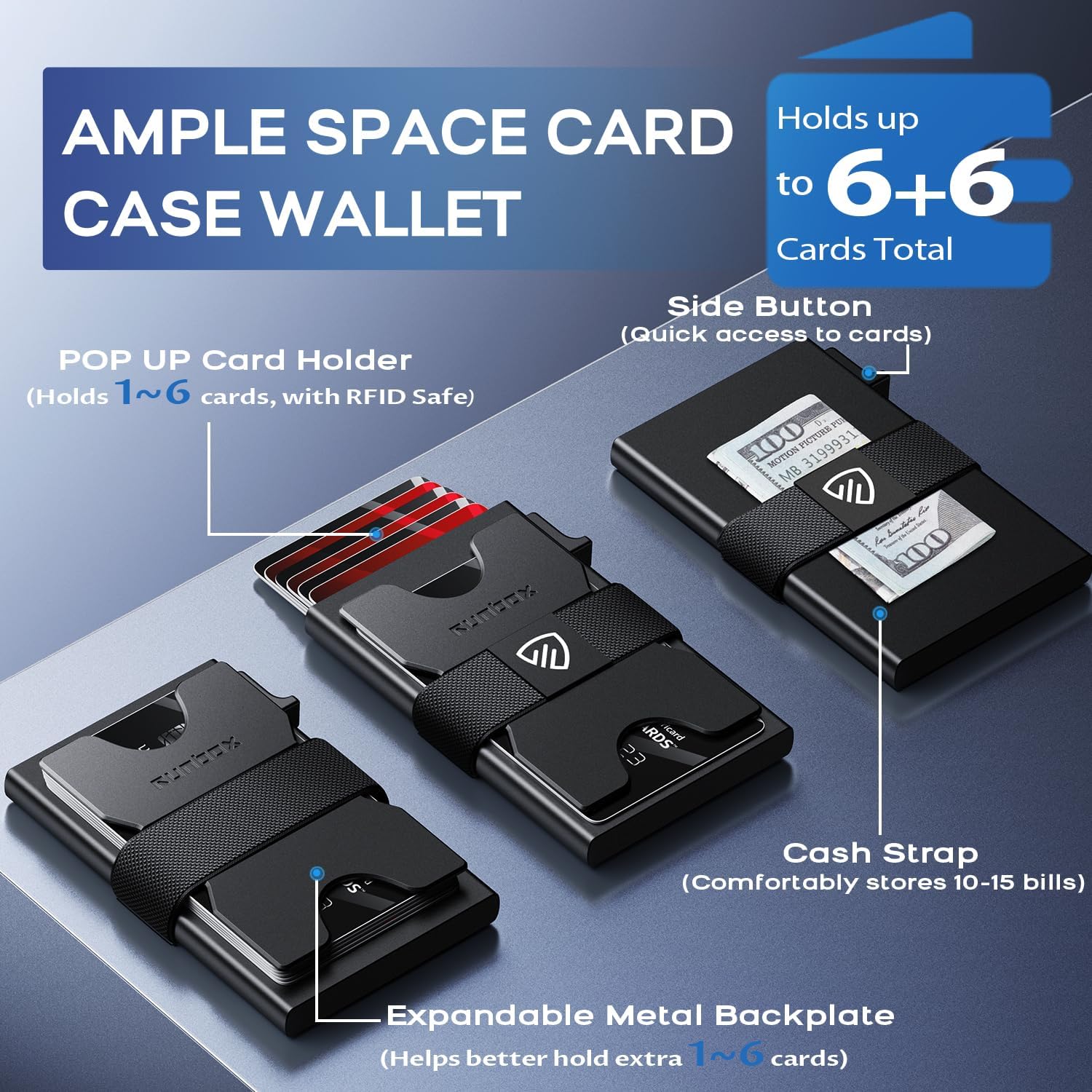 Slim Card Holder Wallet for Men, Minimalist RFID Blocking Wallet with Pop-Up Function, Ultra-Thin Design, Metal Business Card Cases holds 6+6 Cards, Gifts for Men, Men's Accessories