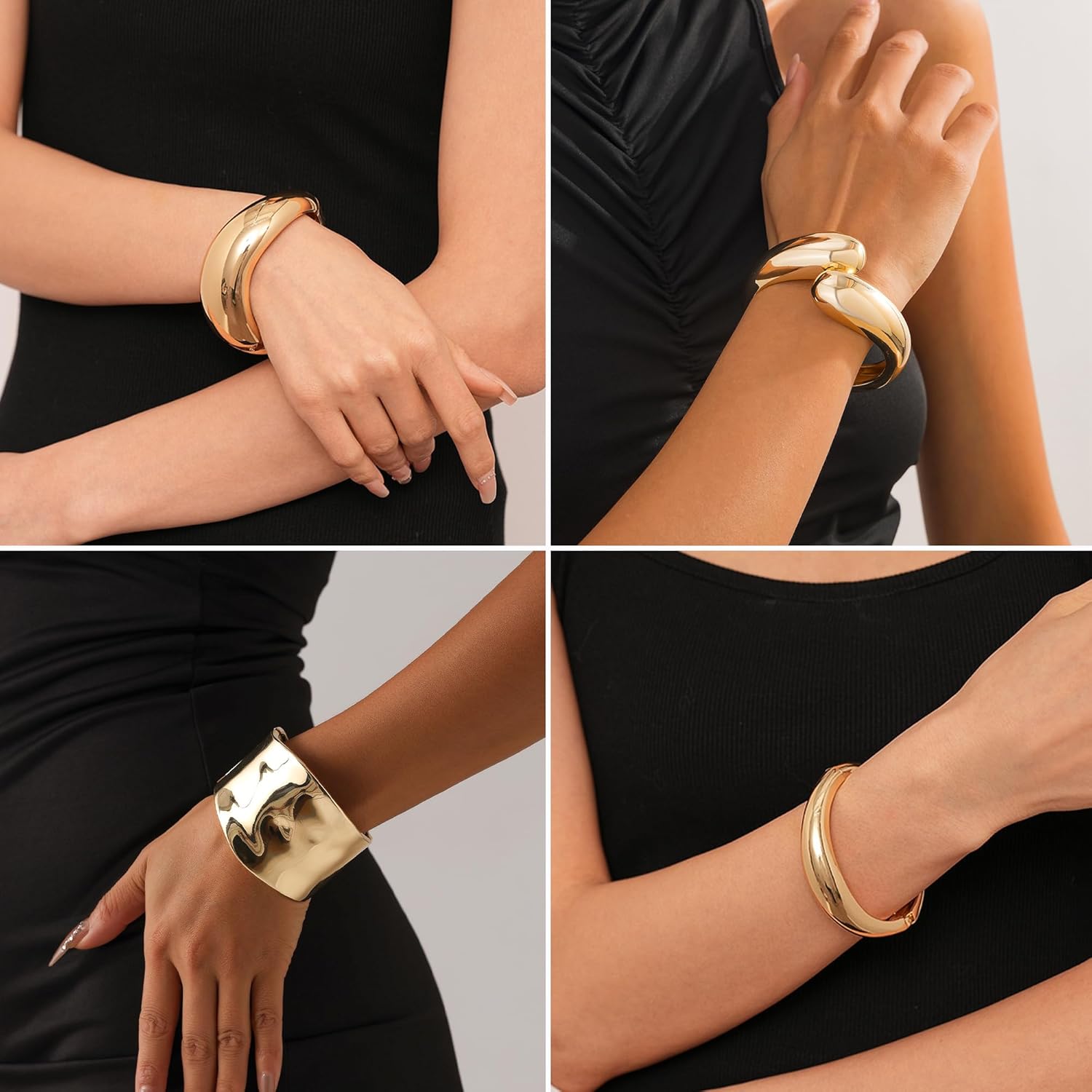 4 Pcs Women Gold Silver Cuff Bracelet Hinged Design Bracelet Trendy Chunky Cuff Bangle Thick Gold Silver Bracelets for Women