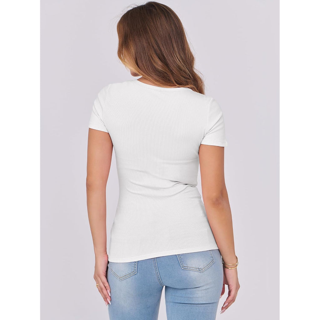 ANRABESS Women Short Sleeve Tops Scoop Neck Ribbed Knit Slim Fitted Basic Tee Shirts 2025 Casual Summer Trendy Clothes
