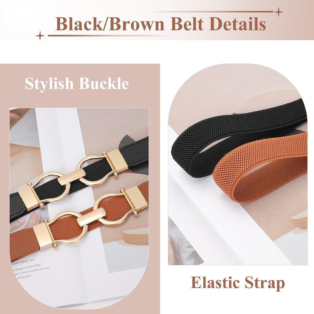 WHIPPY 2 Pack Skinny Elastic Belts for Women Thin Stretchy Waist Belt for Dresses with Gold Buckle