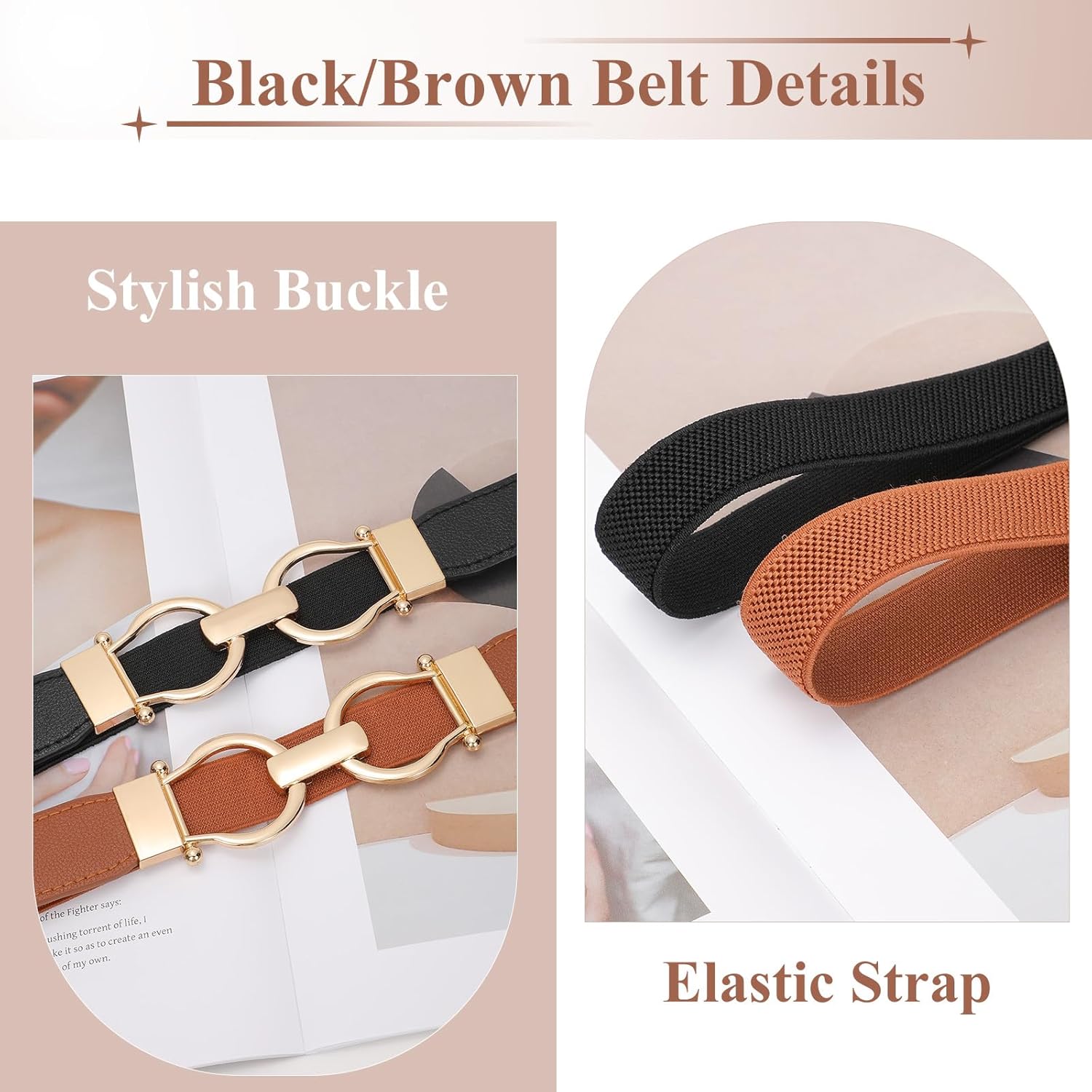 WHIPPY 2 Pack Skinny Elastic Belts for Women Thin Stretchy Waist Belt for Dresses with Gold Buckle