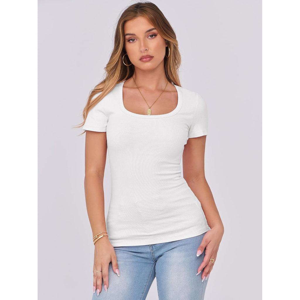 ANRABESS Women Short Sleeve Tops Scoop Neck Ribbed Knit Slim Fitted Basic Tee Shirts 2025 Casual Summer Trendy Clothes