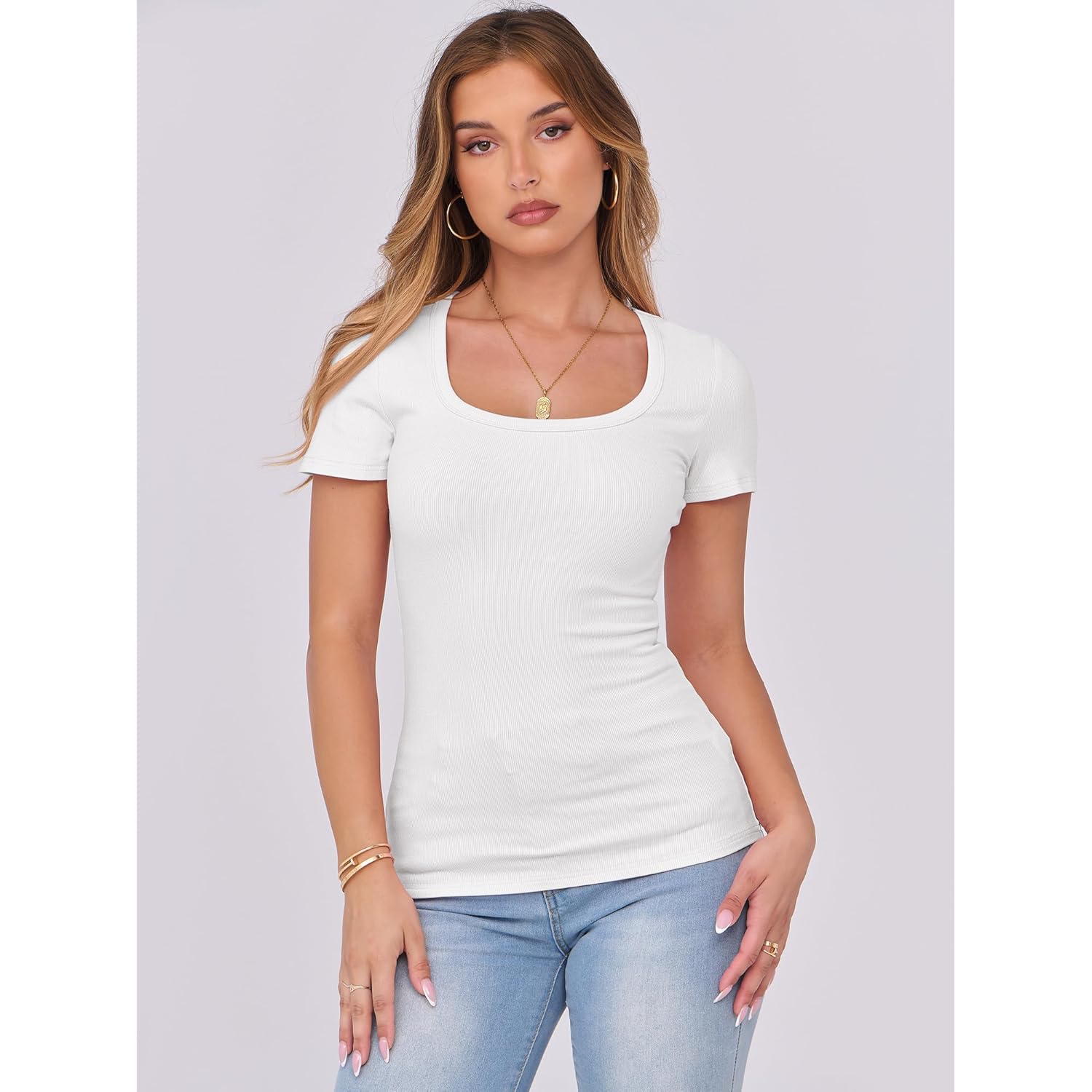 ANRABESS Women Short Sleeve Tops Scoop Neck Ribbed Knit Slim Fitted Basic Tee Shirts 2025 Casual Summer Trendy Clothes