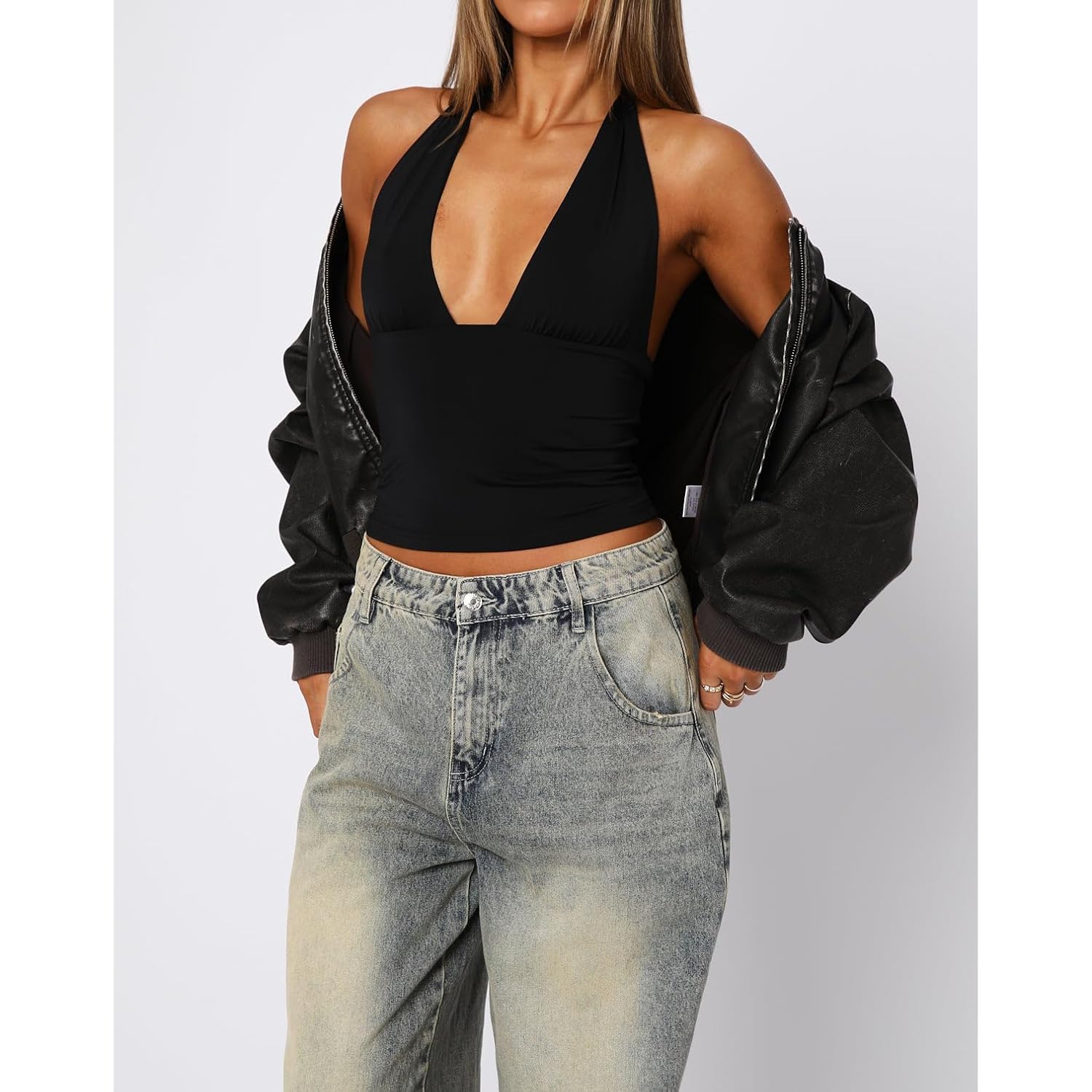 ForeFair Women Sexy Halter Deep V Neck Backless Crop Tank Top Open Back Sleeveless Slim Fit Y2k Summer Tops