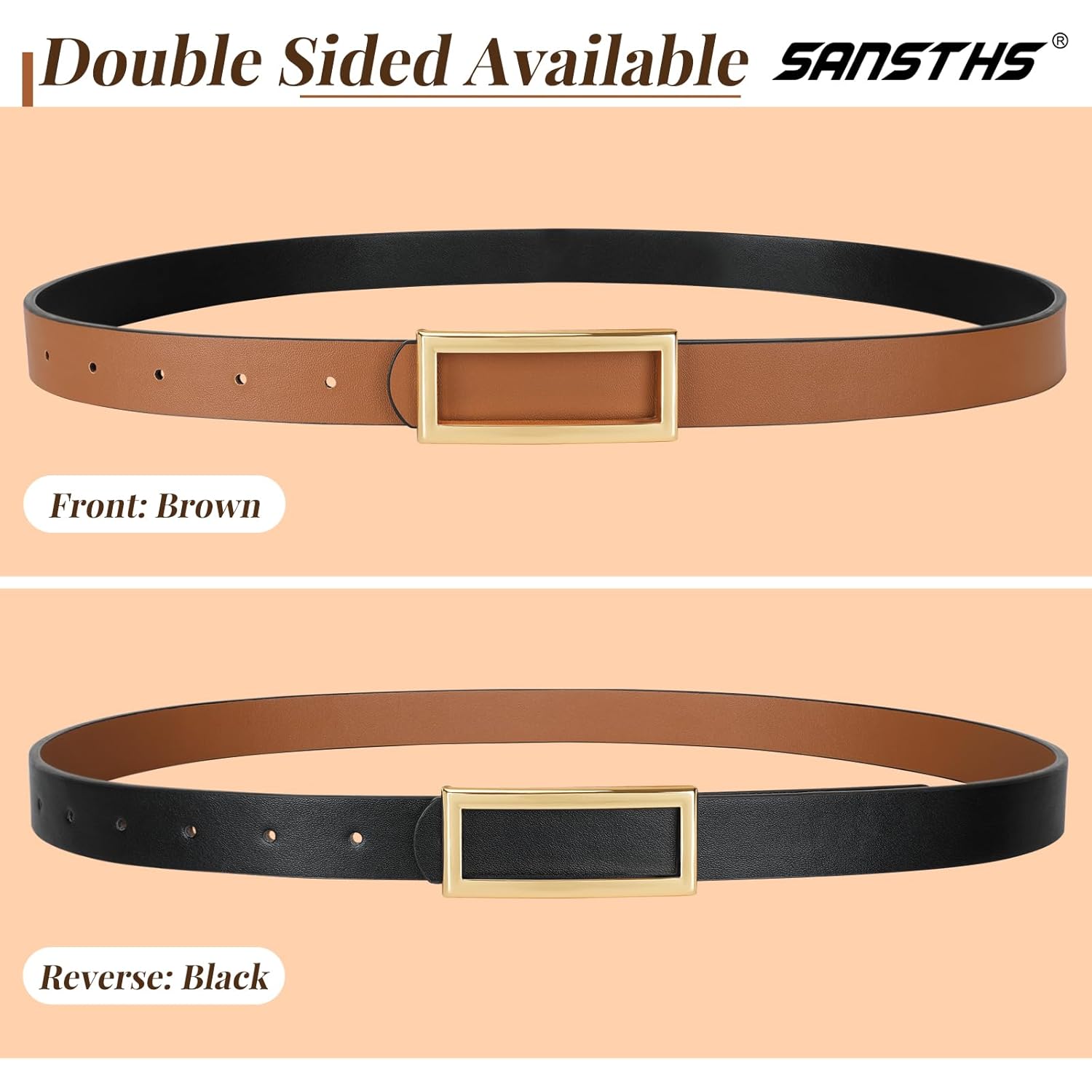 SANSTHS Skinny Reversible Belts for Women, Two-in-one Women Thin Belt for Dresses Jeans Pants with Gold Buckle