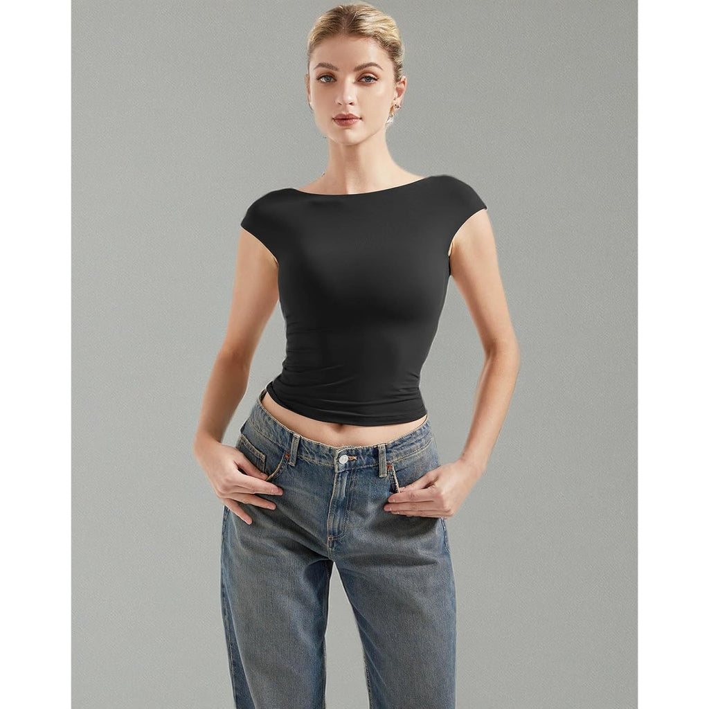 SUUKSESS Women Backless Sexy Going Out Tops Double Lined Open Back Y2k Basic Tee Shirts
