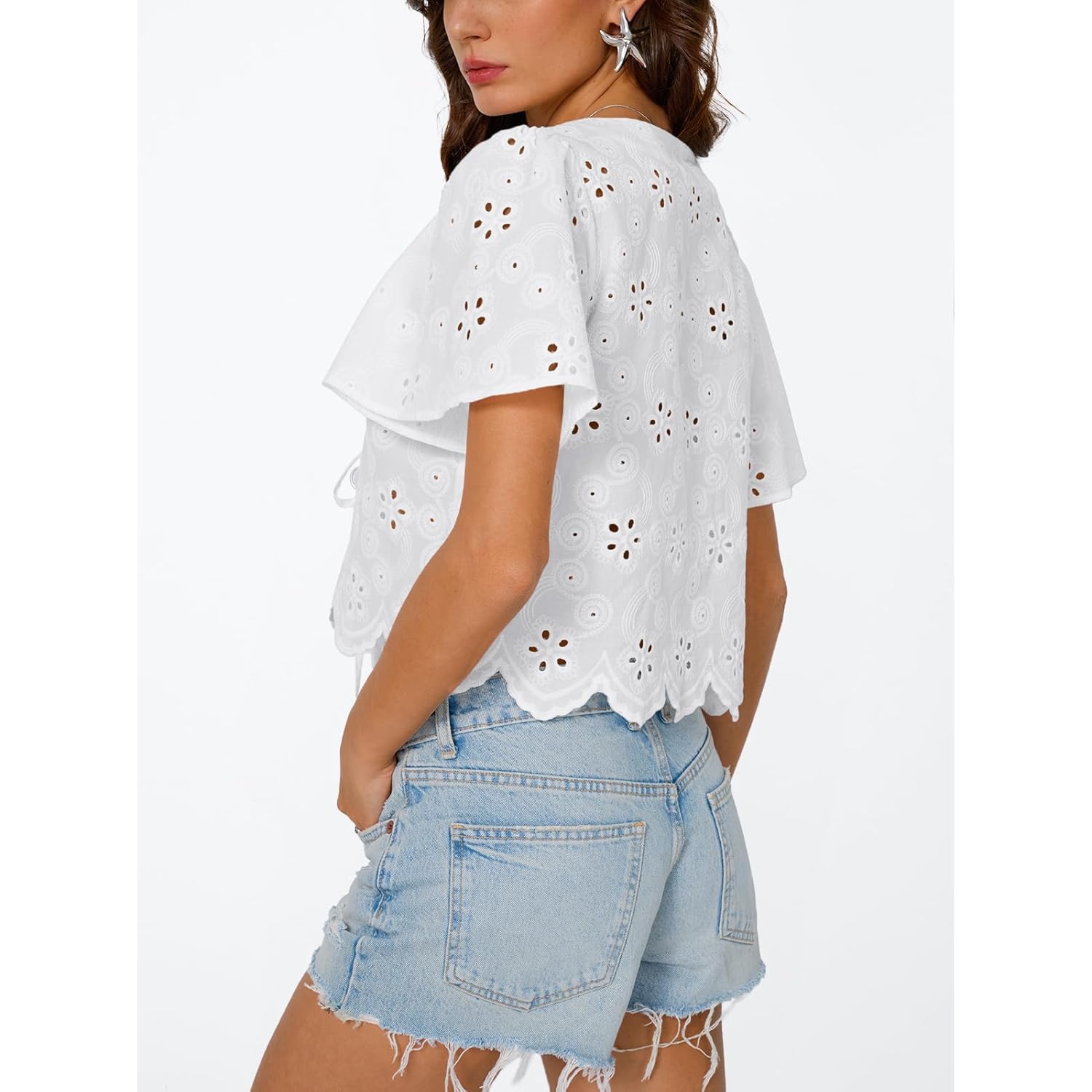 Trendy Queen Womens Tie Front Tops Summer Beach Vacation 2025 Fashion Outfits Loose Fit Blouses Eyelet Embroidered Clothes