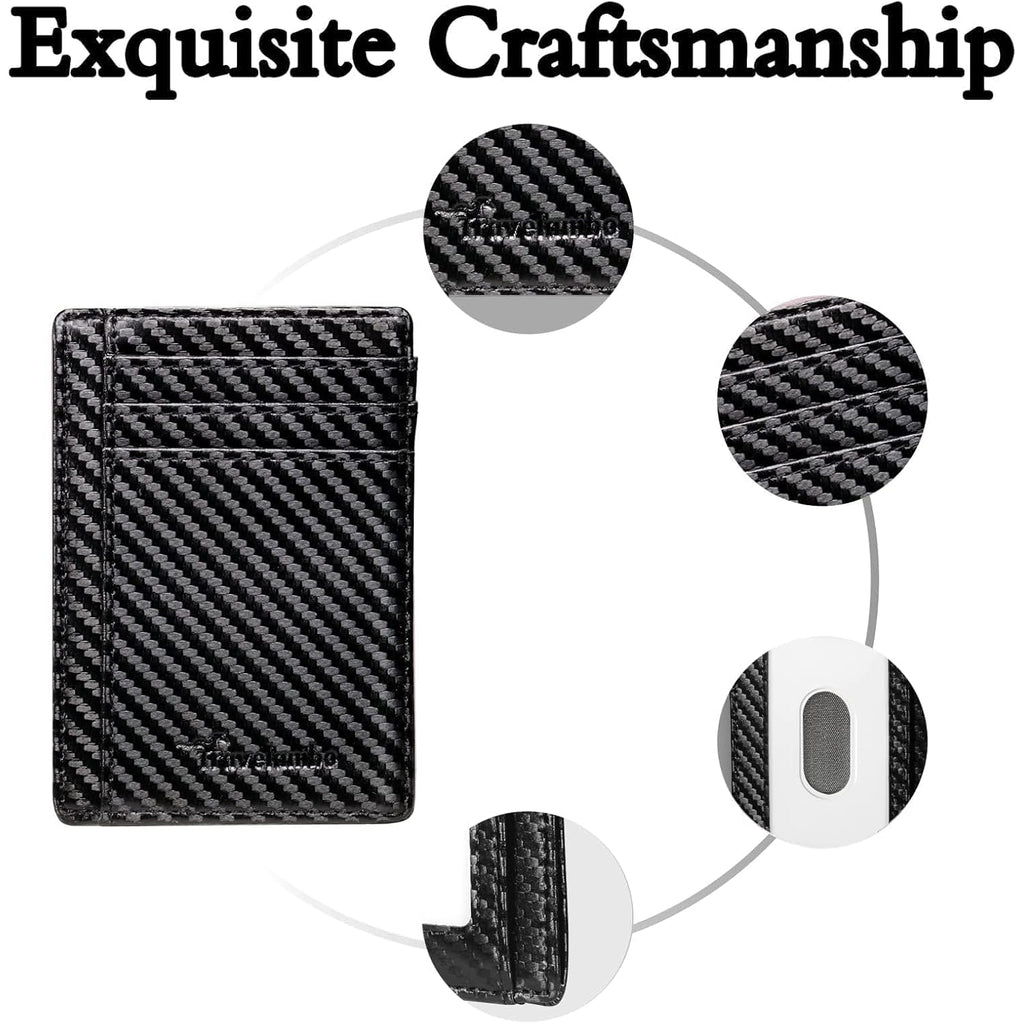 Travelambo Front Pocket Minimalist Leather Slim Wallet RFID Blocking Carbon Fiber Texture
