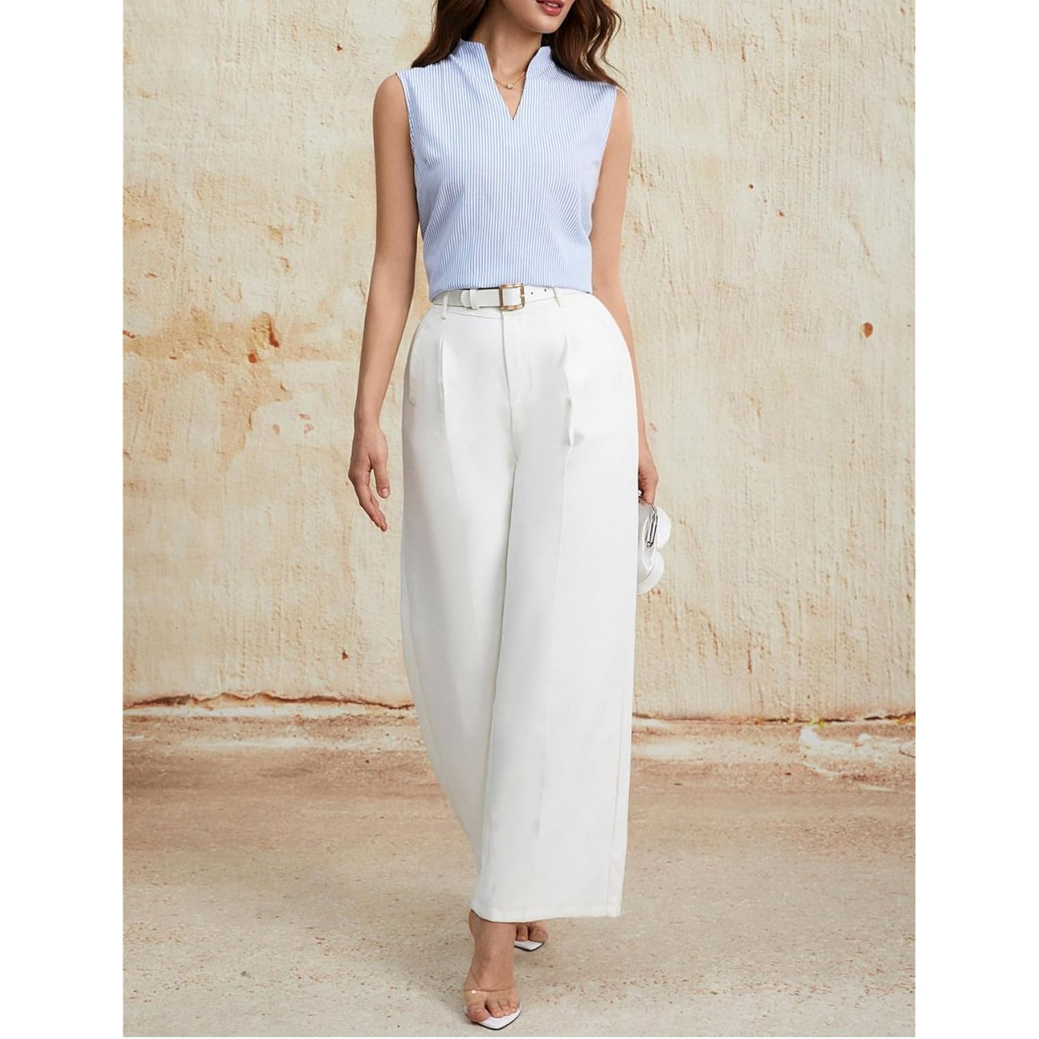 SOLY HUX Women's Work Outfits V Neck Sleeveless Blouses Summer Casual Tank Tops Business Office Dressy Striped Shirts