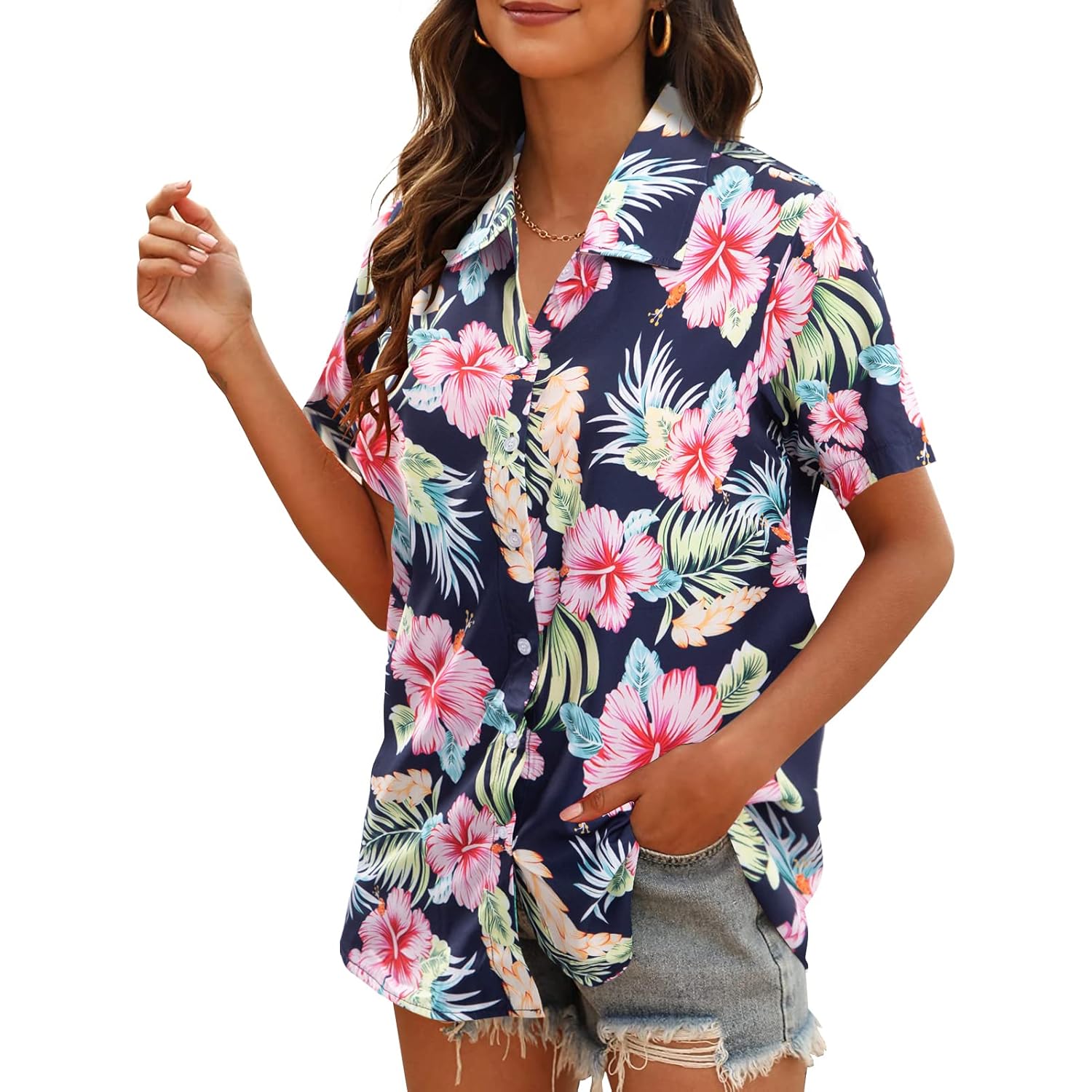 MYHALF Women Hawaiian Shirt Soft Cool Summer Hawaii Shirts Floral Tropic Print V Neck T-Shirt Short Sleeve Button Up Tops