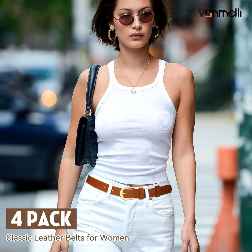VONMELLI 4 Pack Womens Thin Leather Belt Skinny Waist Belts for Women Fashion Jeans Dress with Gold Buckle