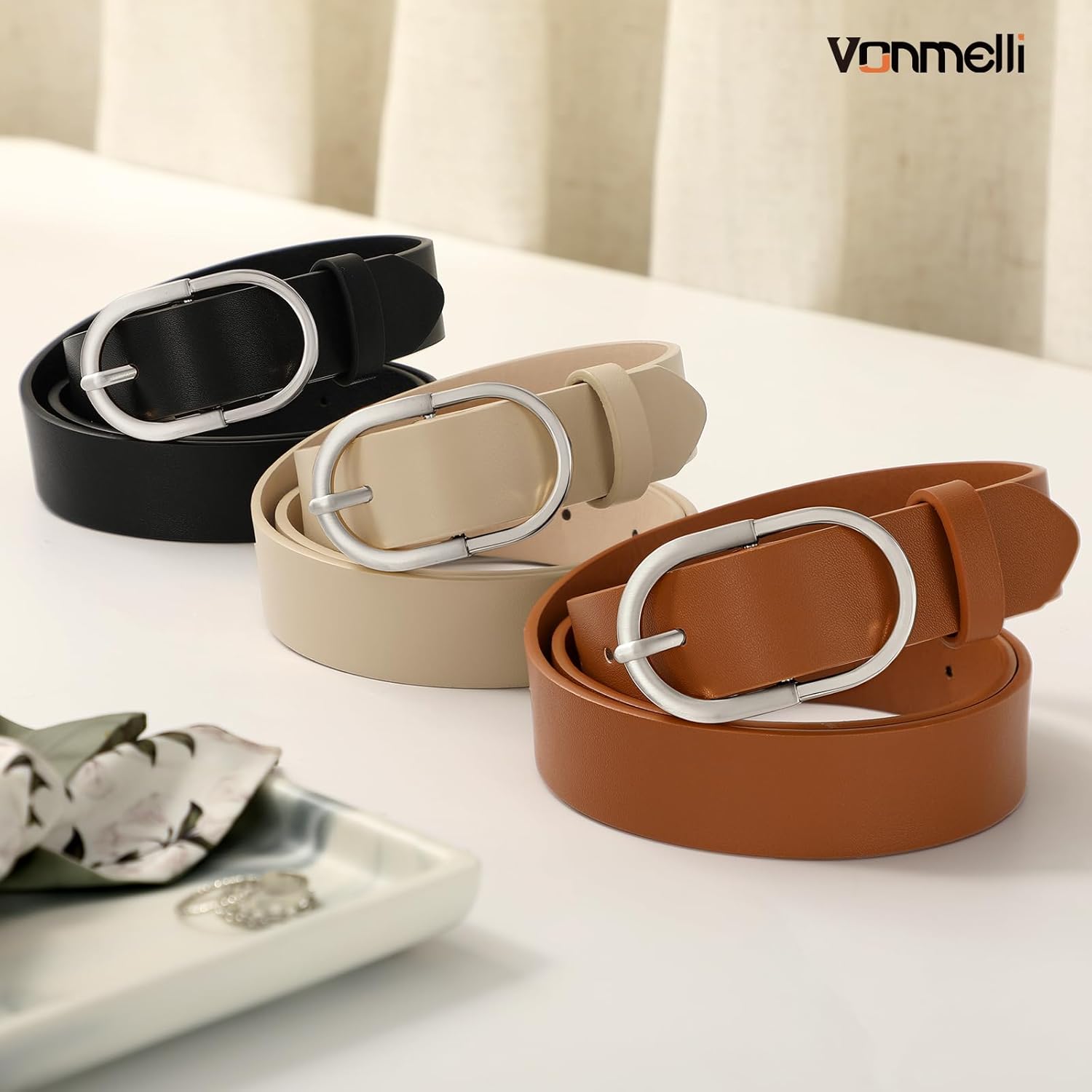 VONMELLI 3 Pack Women's Belts for Jeans Pants Fashion Gold Buckle Ladies Dress Belt