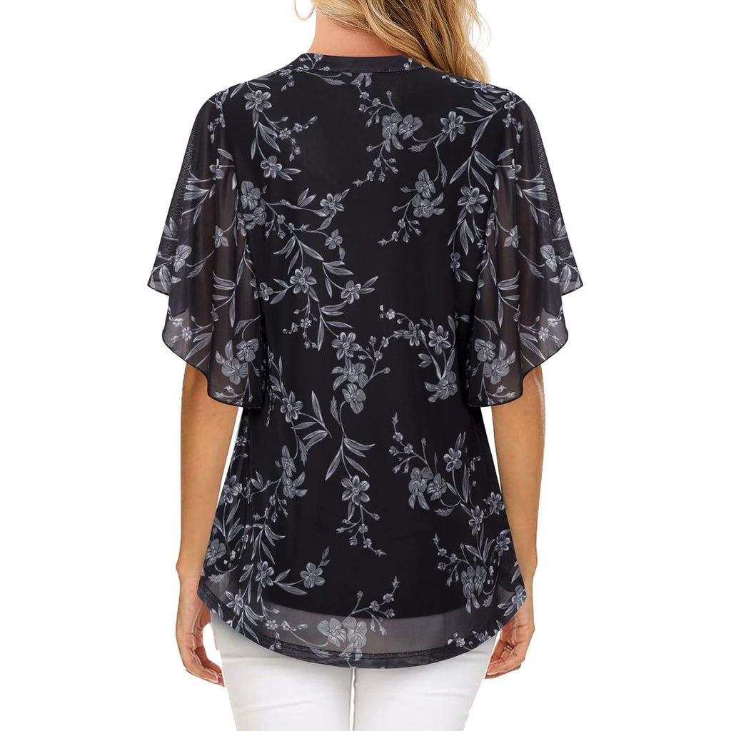 Timeson Women's Short Sleeve V Neck Blouses Shirts Floral Double Layers Mesh Tunics Tops
