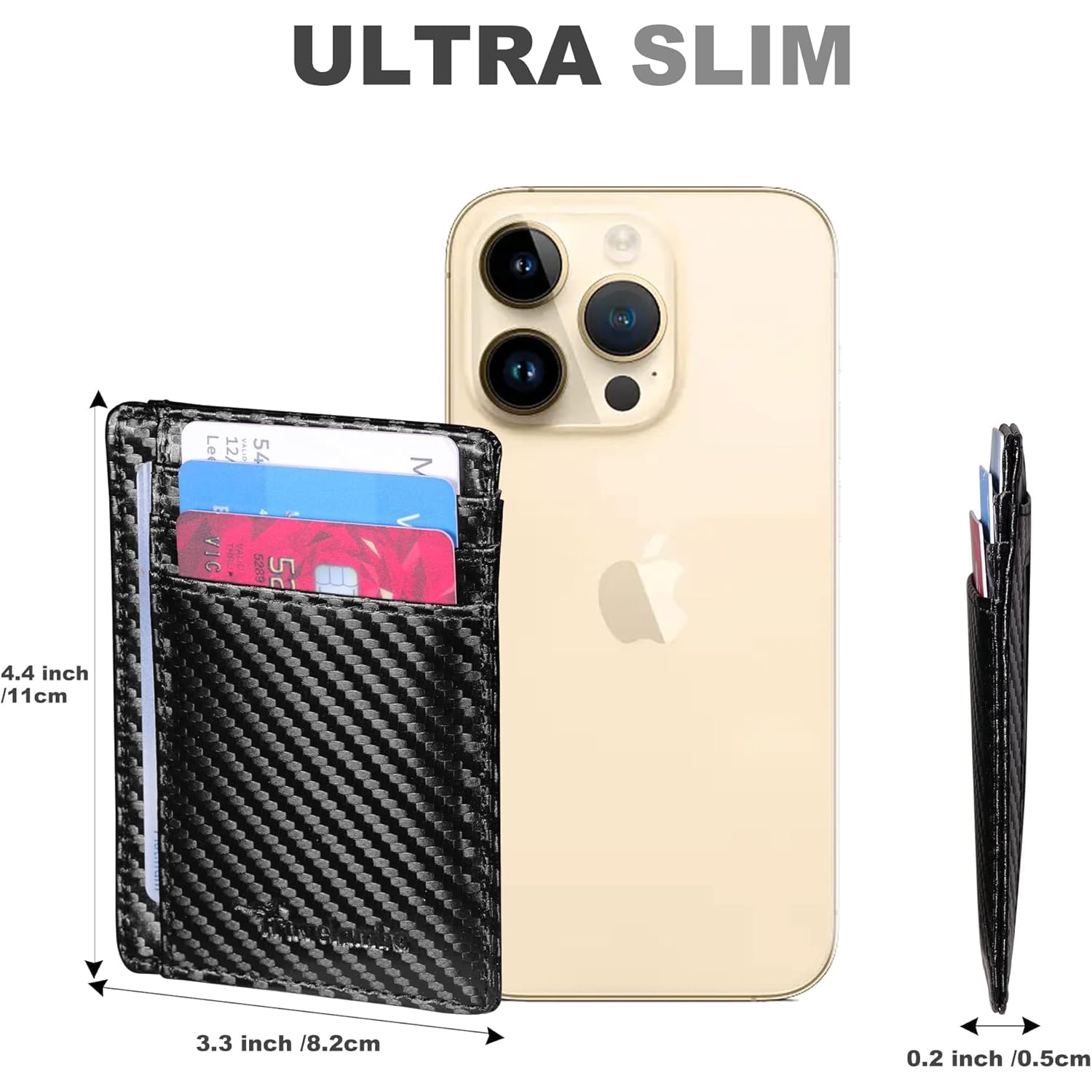 Travelambo Front Pocket Minimalist Leather Slim Wallet RFID Blocking Carbon Fiber Texture