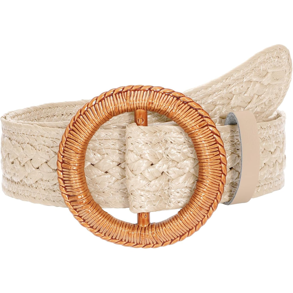 Women Woven Belts for Dresses Jeans Boho Straw Waist Belt Braided Raffia Ladies Belts with Circle Buckle