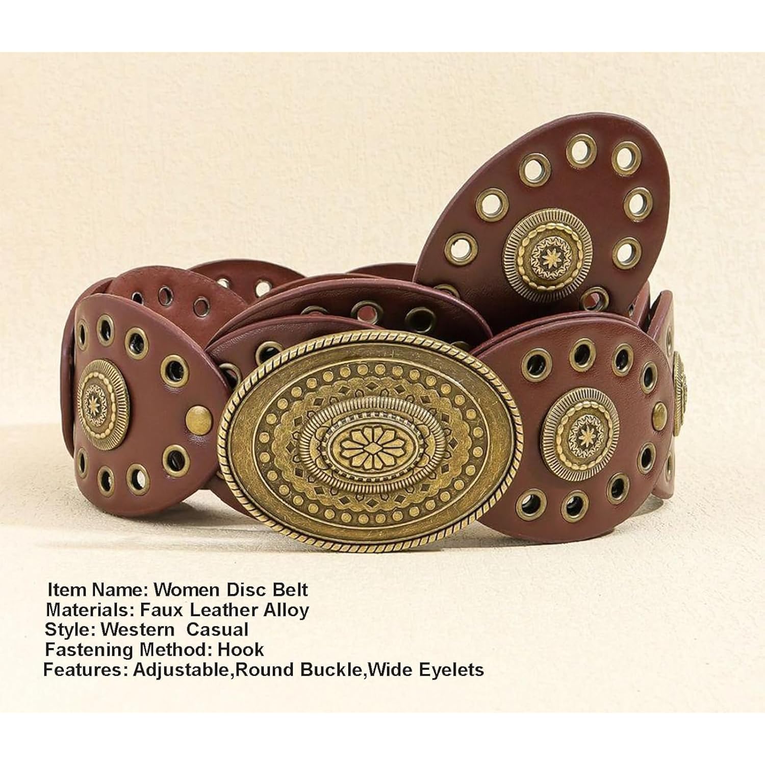 INOGIH Womens Wide Western Cowboy Disc Belt Vintage Cowgirl Concho Leather Belts Boho Style for Jeans Dress Skirt