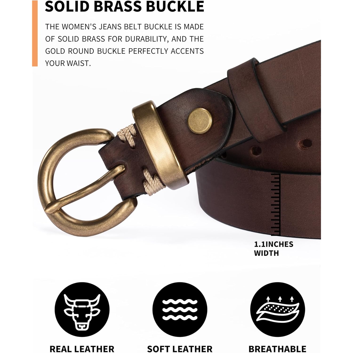 Womens Belt for Jeans Genuine Leather Belt Vintage Solid Brass Circle buckle Gift Box Packaging
