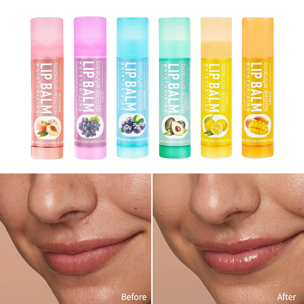 12 Pack Lip Balm Set Fruit Flavored 6Flavors Natural Lip Balm Bulk for Dry Cracked Lips Long Lasting Lip Care Products Anti Chapping Lip Moisturizers Travel Size Winter Anti-Crack Fruity