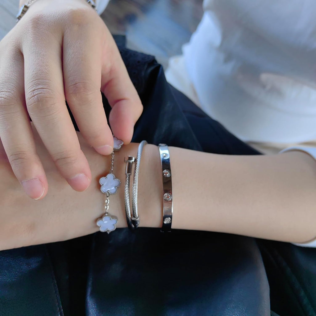 Womens Stackable Floral Silver Bracelets - 3Pcs Stainless Steel Bangle Bracelets Non Tarnish, Silver Bracelet Set Trendy Jewelry, Gifts for Girlfriend
